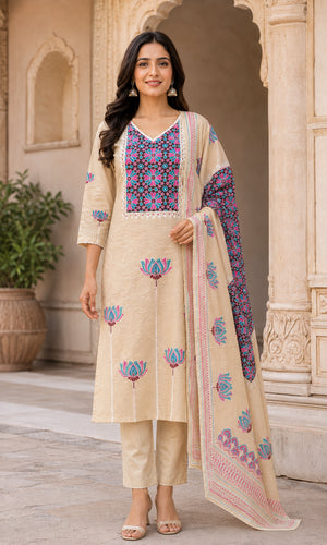 Peachmode Beige Cotton Floral Printed Salwar Suit - Image 2
