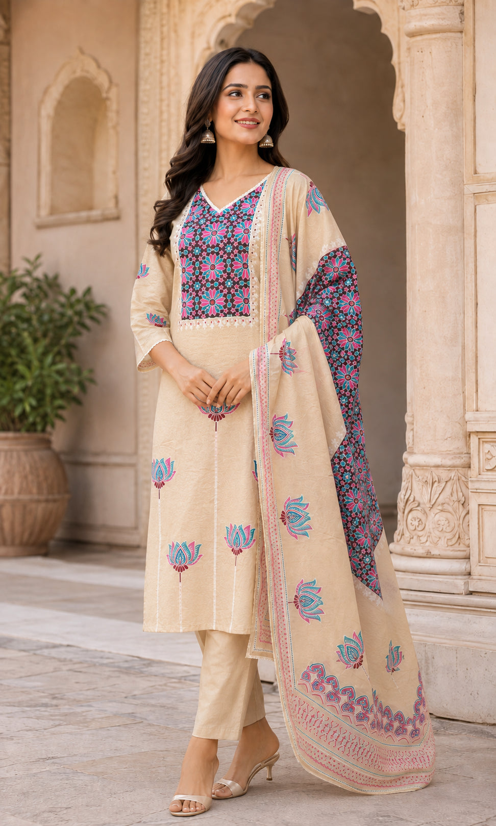 Peachmode Beige Cotton Floral Printed Salwar Suit - Image 3
