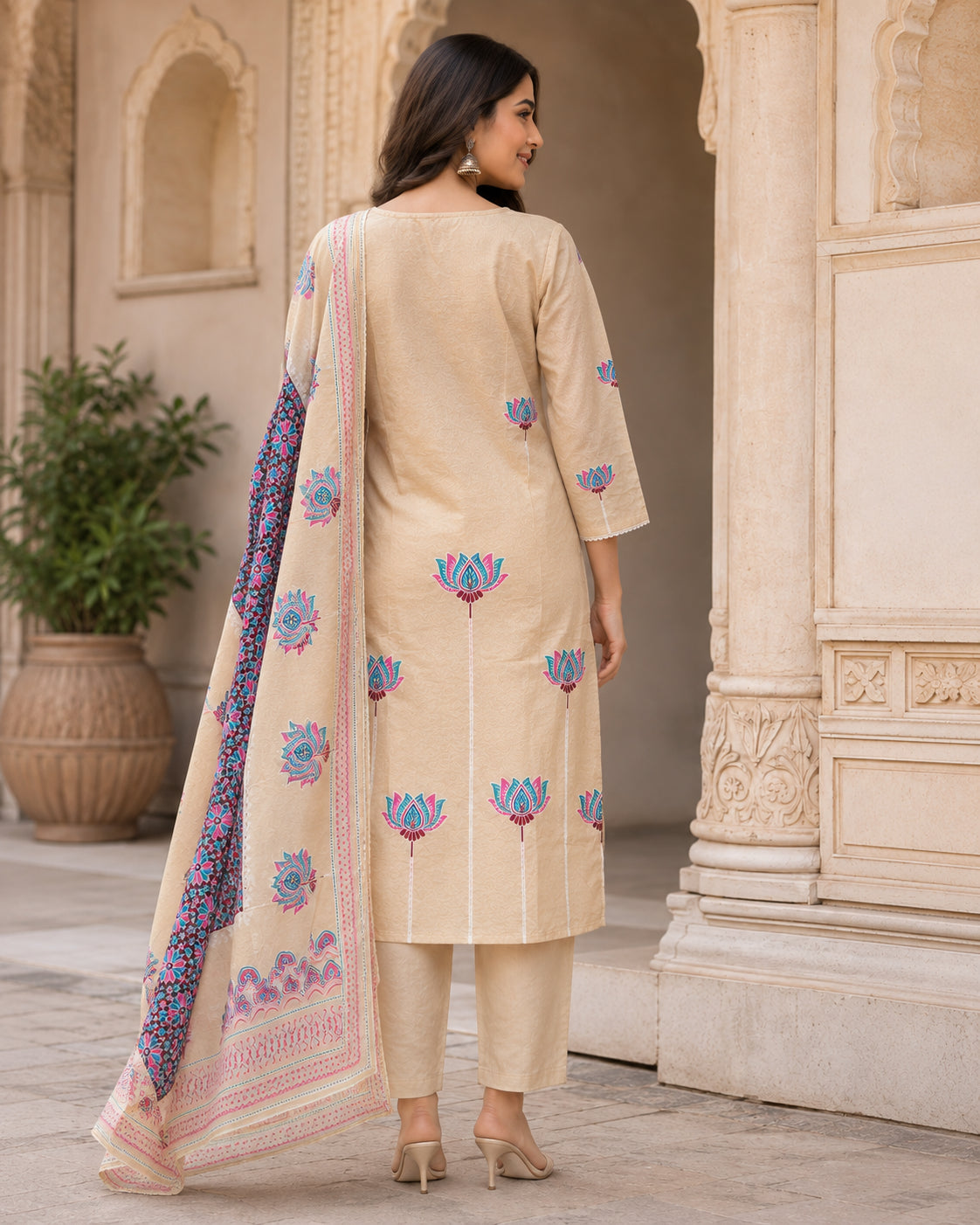 Peachmode Beige Cotton Floral Printed Salwar Suit - Image 4
