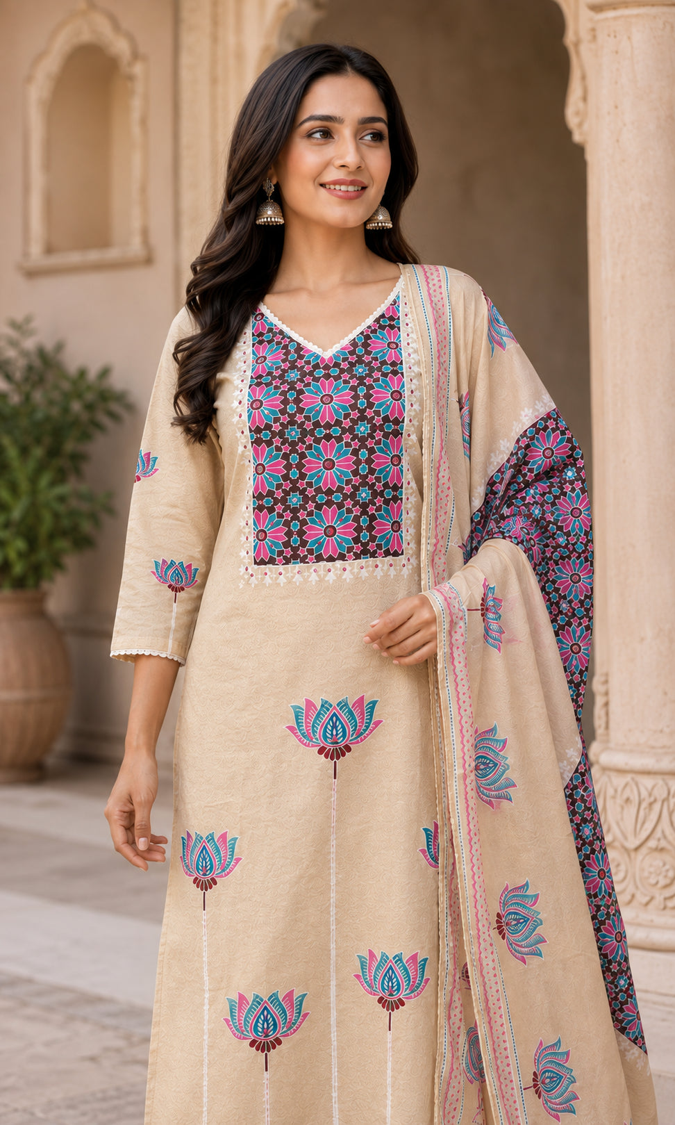 Peachmode Beige Cotton Floral Printed Salwar Suit - Image 5