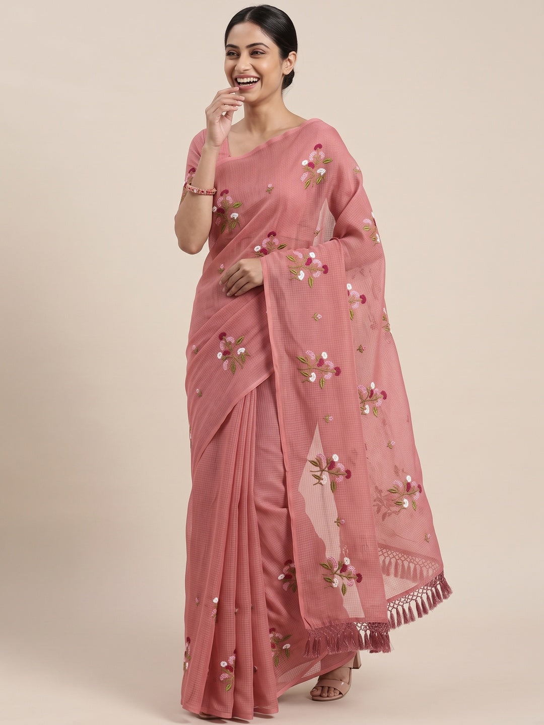 Peach Floral Embroidered Kota Doria Saree With Tassels - Image 4