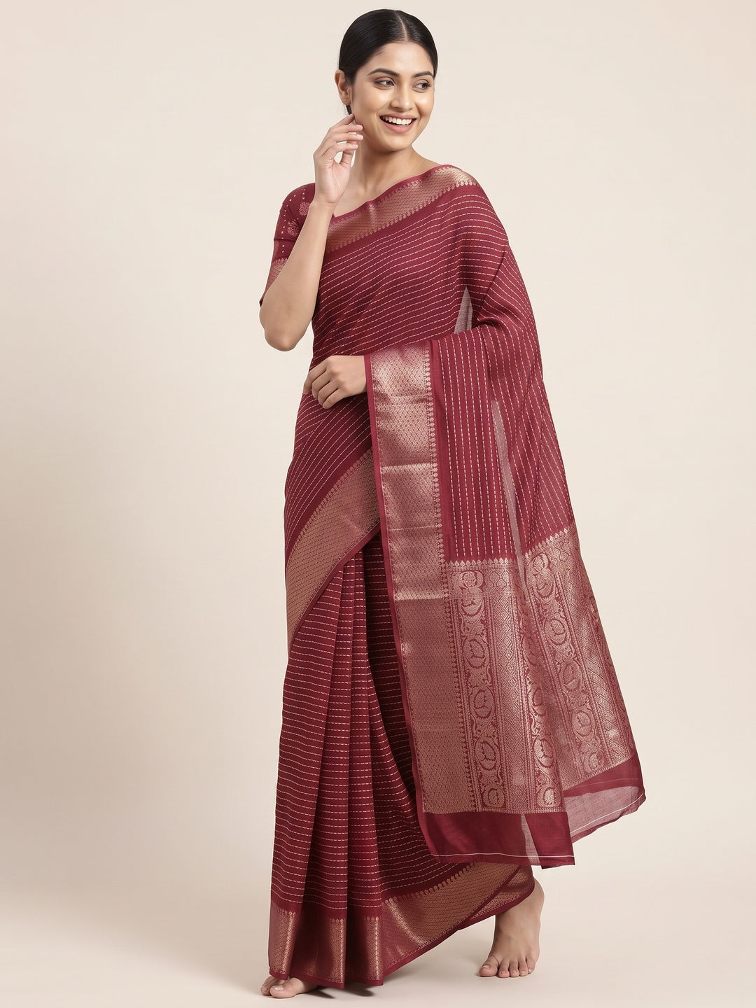 Stylish Maroon Striped Print Dola Silk Saree Adorned With Textured Weaving Border - Image 4
