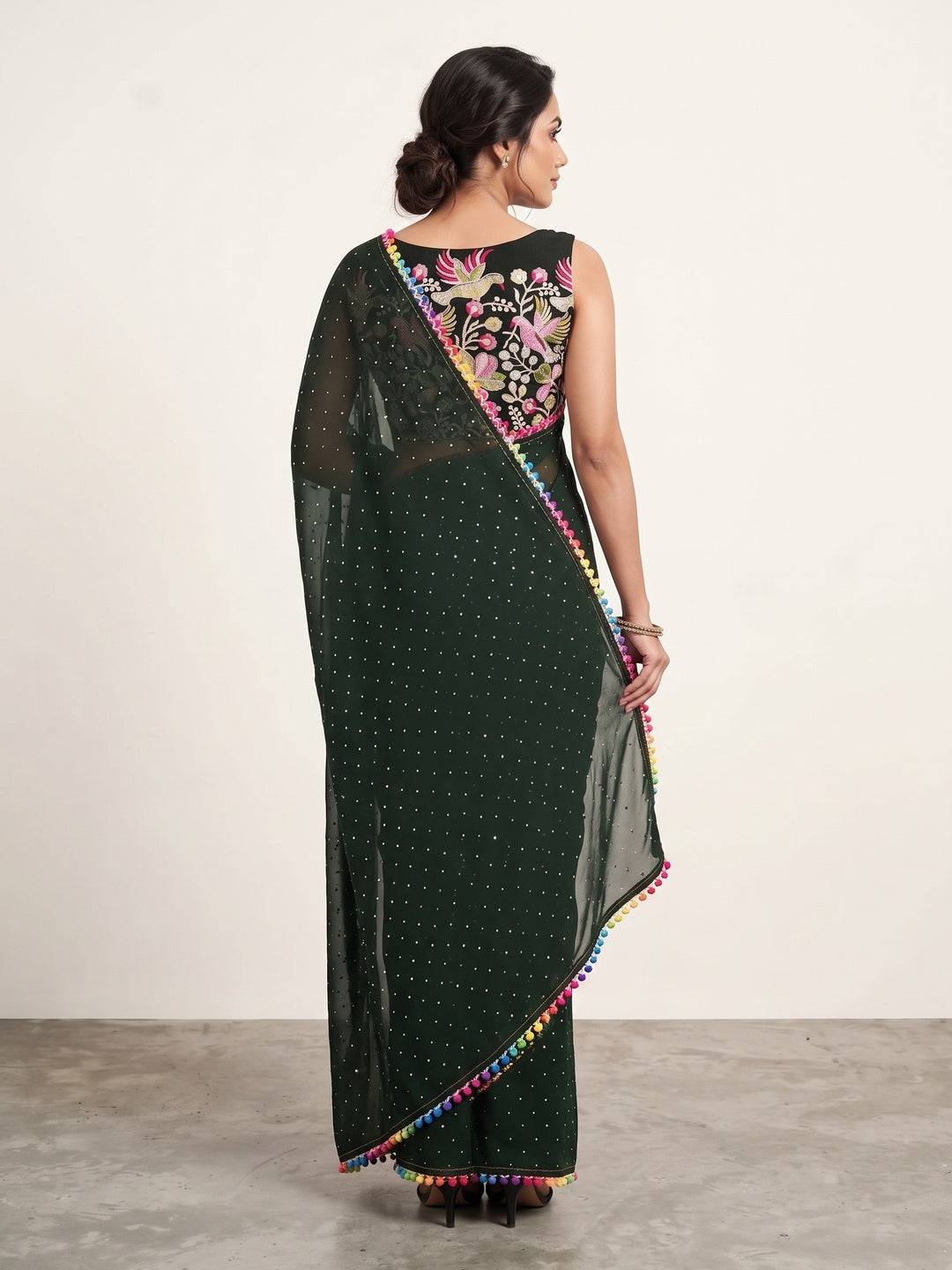 Mehendi Green Swarovski Work Embroidered Georgette Saree - Image 2
