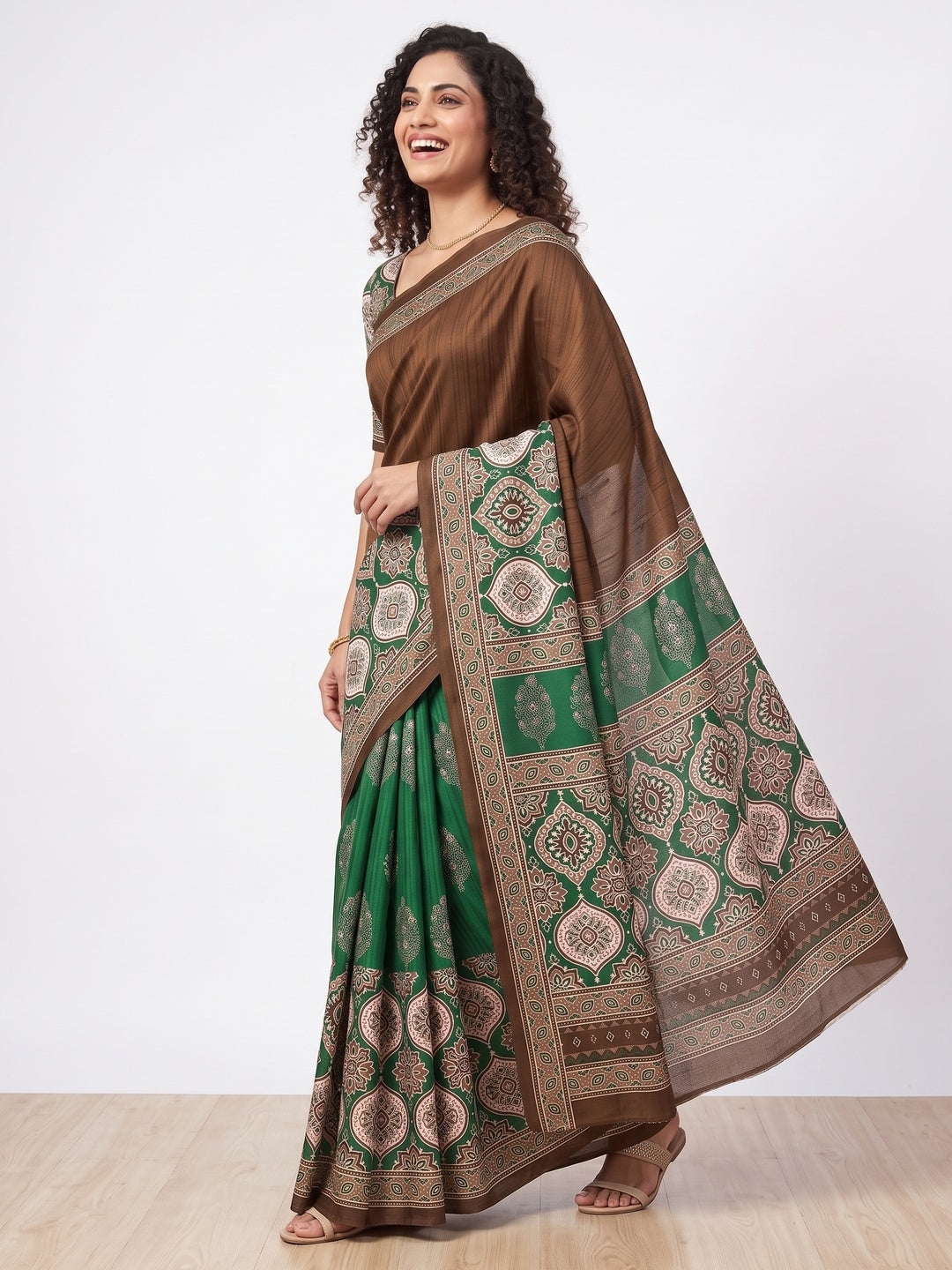 Brown Premium Crepe Silk Lightweight Saree Adorned with Classic Ajrakh Patterns - Image 4