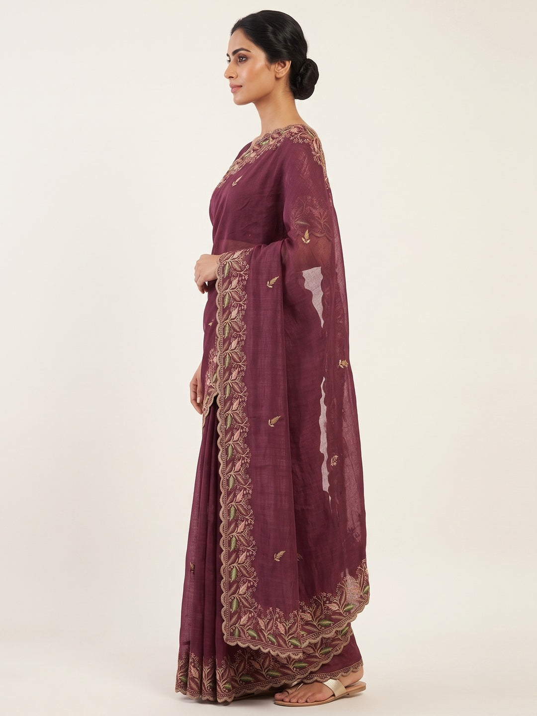 Mesmerizing Maroon Chiffon Saree Showcasing Artistic Floral Embroidery For A Luxurious Appeal - Image 3