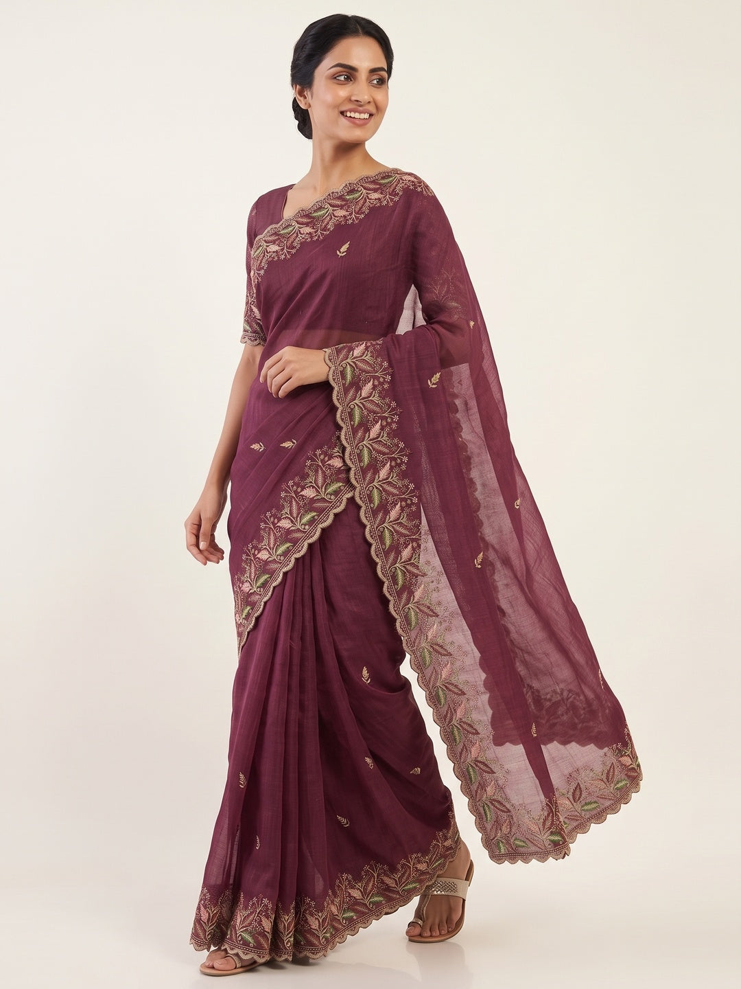Mesmerizing Maroon Chiffon Saree Showcasing Artistic Floral Embroidery For A Luxurious Appeal - Image 4