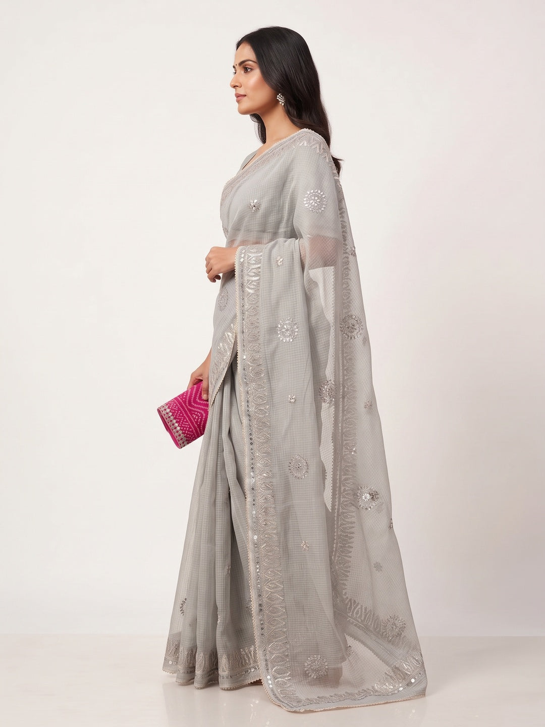 Grey Festive Kota Doria Saree Decorated with Classic Gota Work Embroidery - Image 3