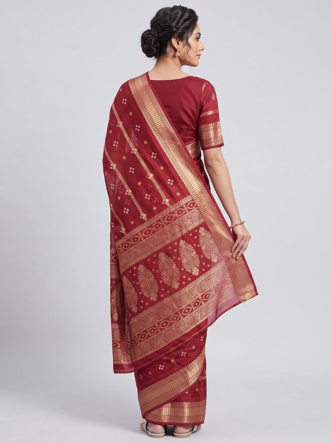 Classic Red Art Silk Saree With Striped Weaving & Traditional Bandhani Print - Image 2