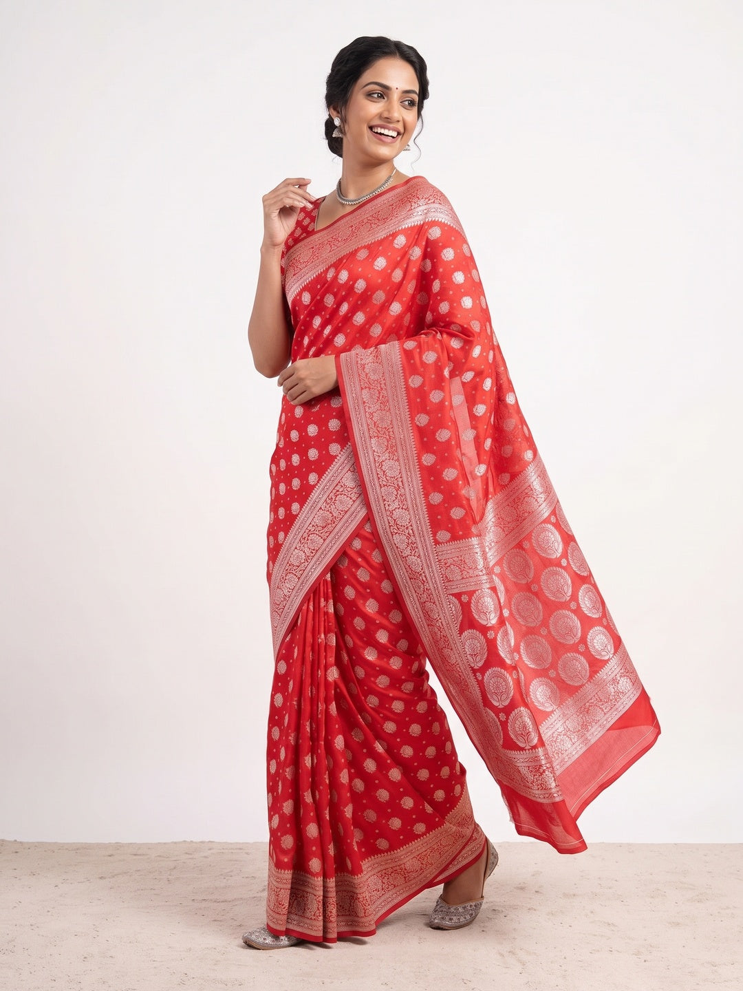 Red Floral Woven Lichi Banarasi Silk Saree - Image 4