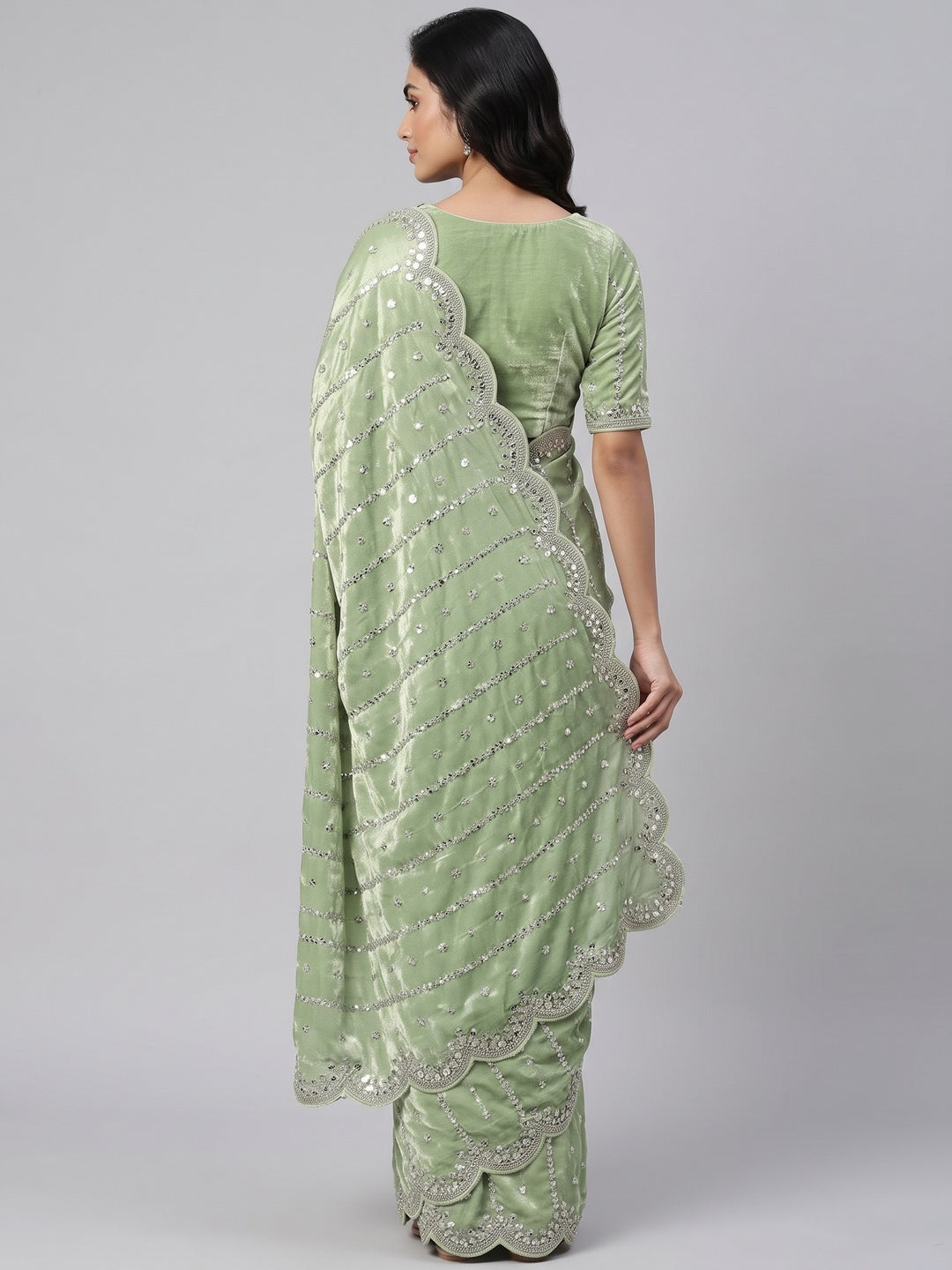 Green Designer Satin Partywear Saree Enhanced with Sparkling Sequins Work - Image 2
