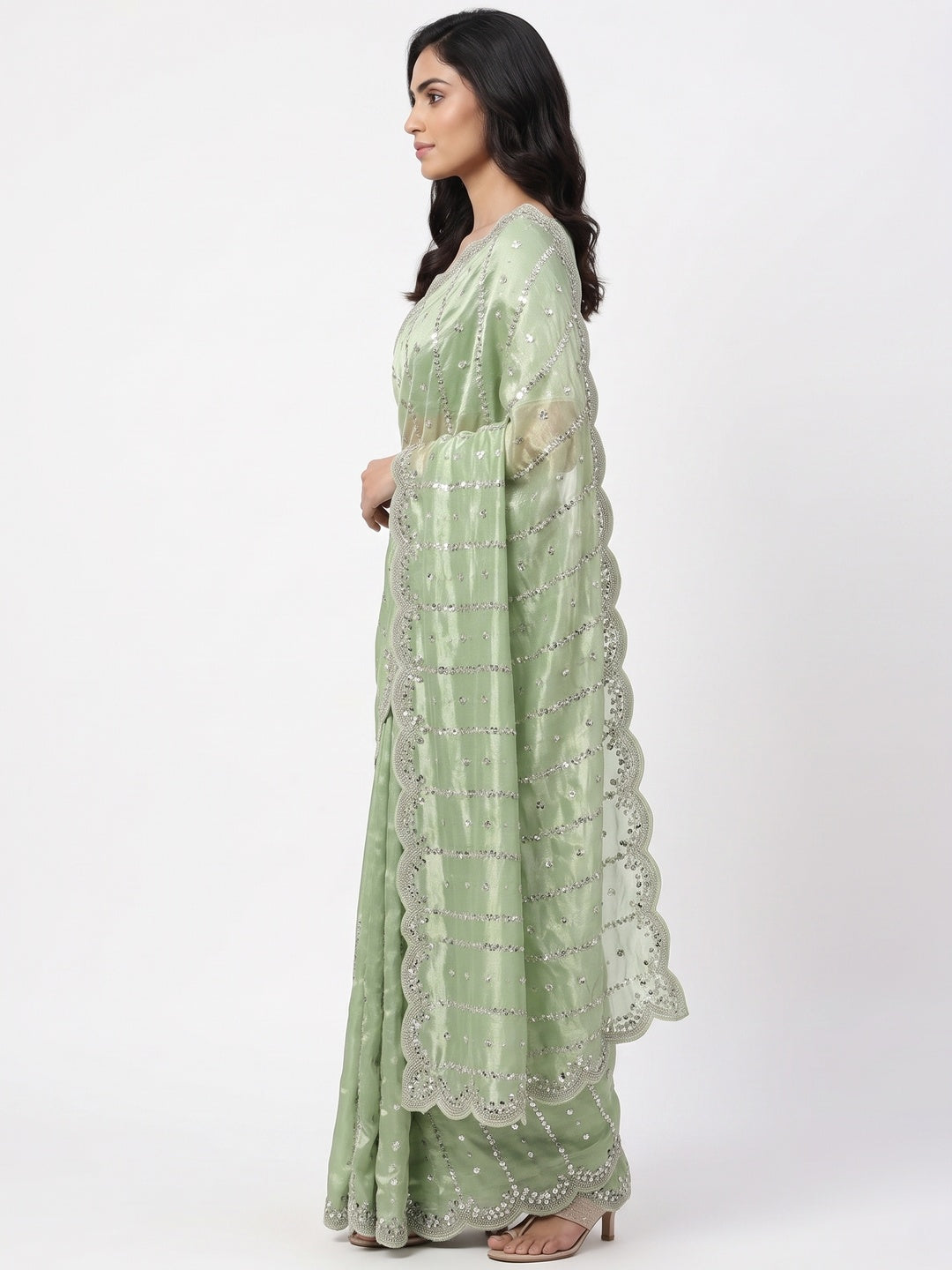 Green Designer Satin Partywear Saree Enhanced with Sparkling Sequins Work - Image 3