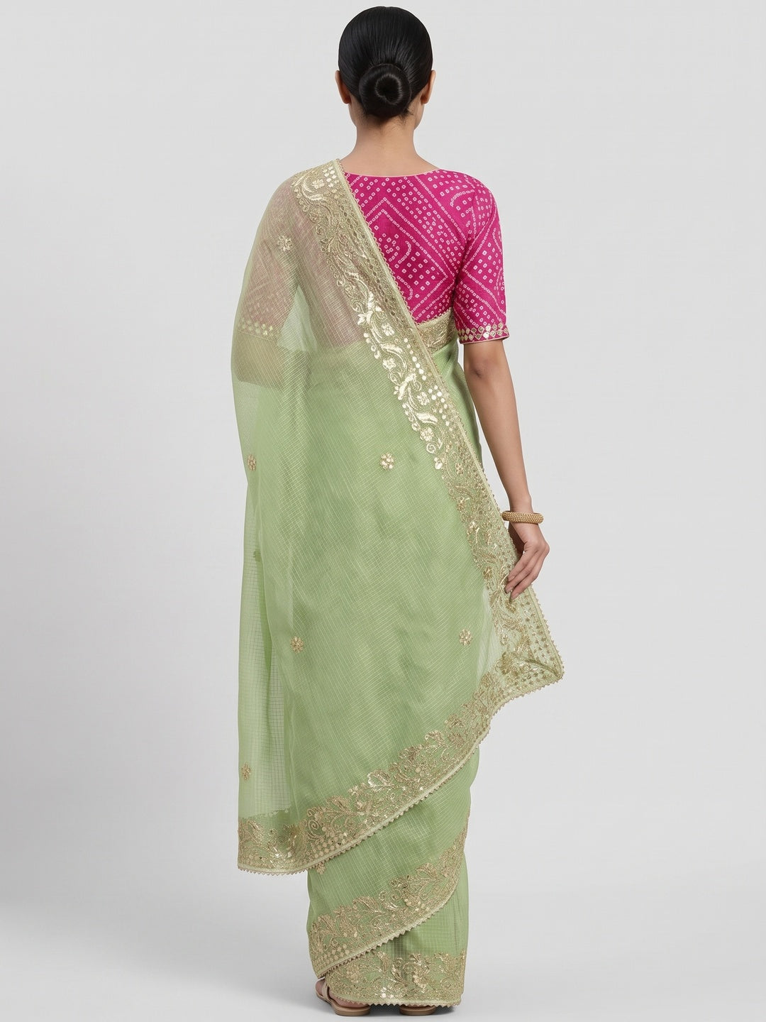 Green Pure Kota Doria Saree Adorned with Exquisite Gota Work Embroidery - Image 2