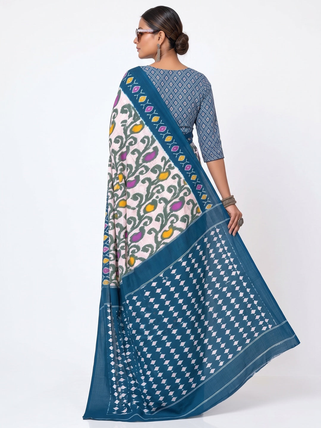 Charming Blue & White Ikkat Printed Mulmul Cotton Saree With Subtle Work - Image 6