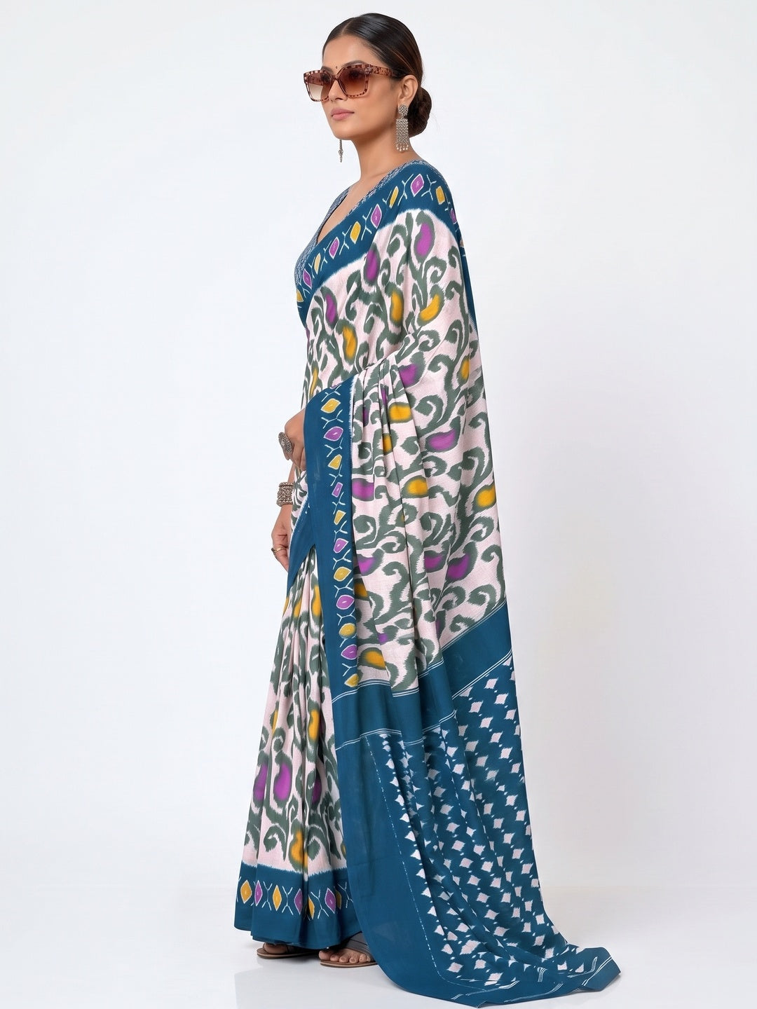Charming Blue & White Ikkat Printed Mulmul Cotton Saree With Subtle Work - Image 7
