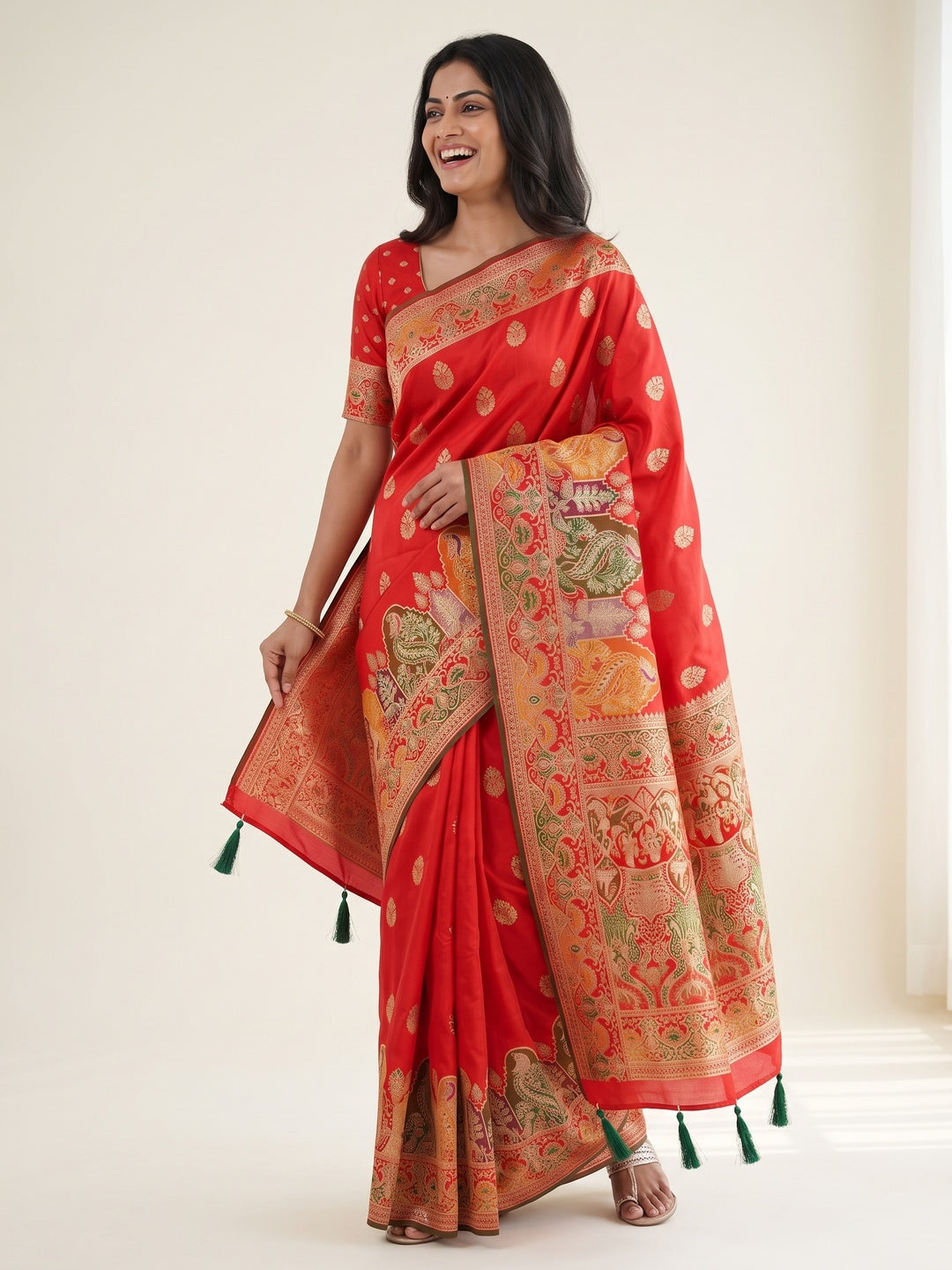 Red Luxury Pure Silk Saree Crafted With Floral Meenakari Foil Print & Trendy Tassel Pallu - Image 4