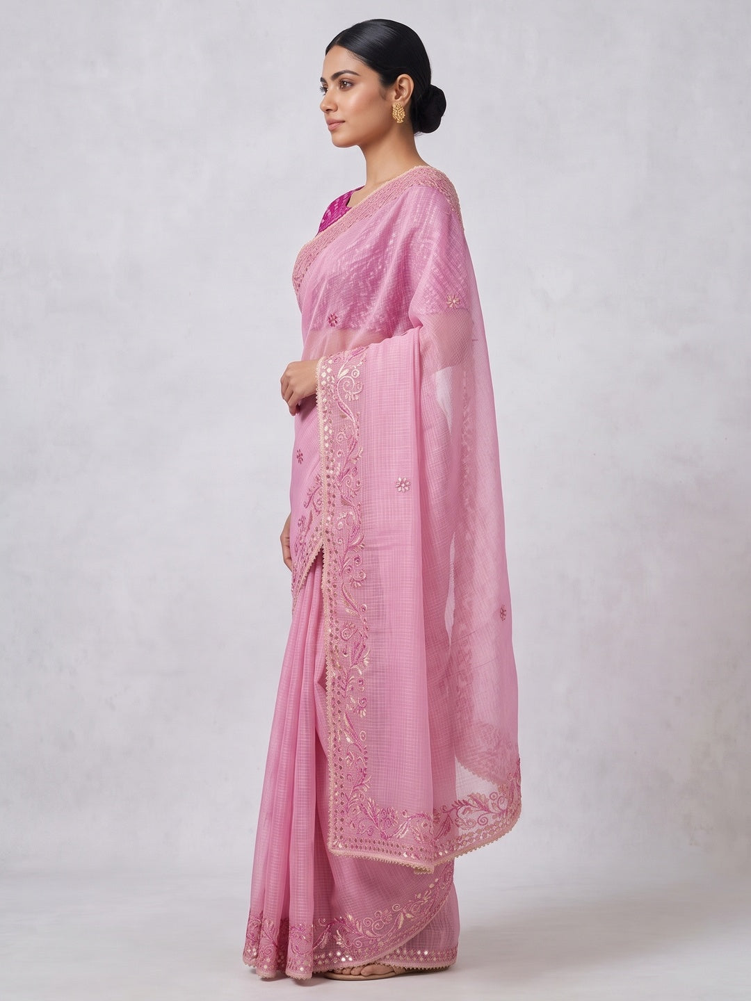 Pink Pure Kota Doria Saree Adorned with Exquisite Gota Work Embroidery - Image 3