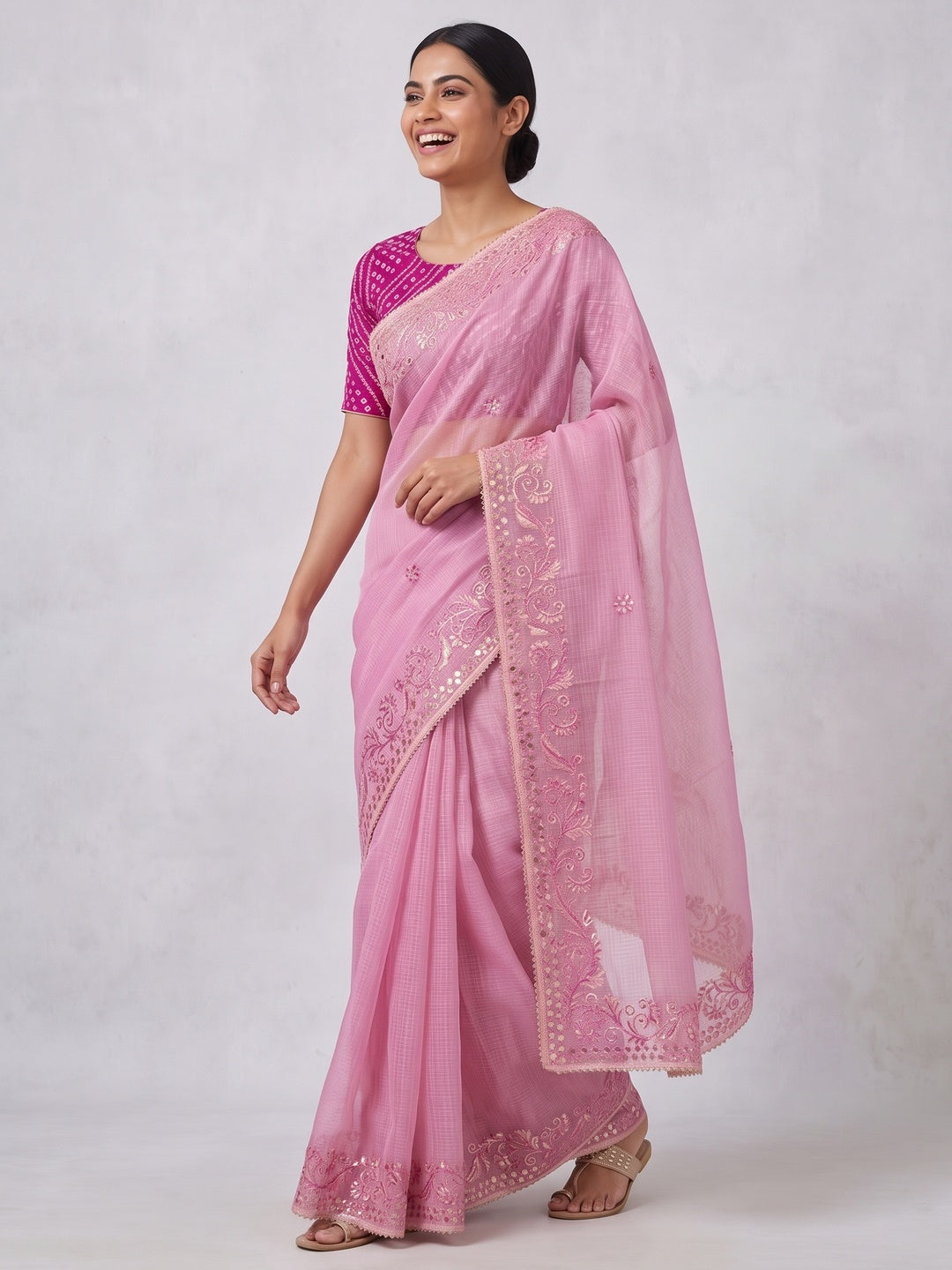 Pink Pure Kota Doria Saree Adorned with Exquisite Gota Work Embroidery - Image 4