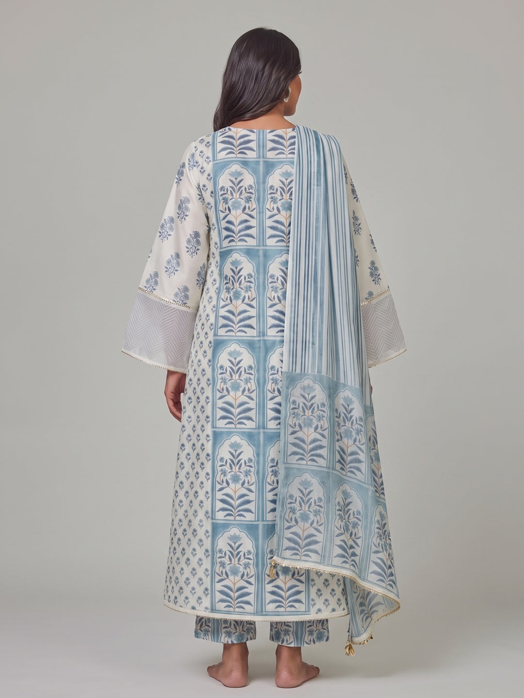 5Cream & Blue Floral Printed Pure Cotton Straight Salwar Suit - Image 3