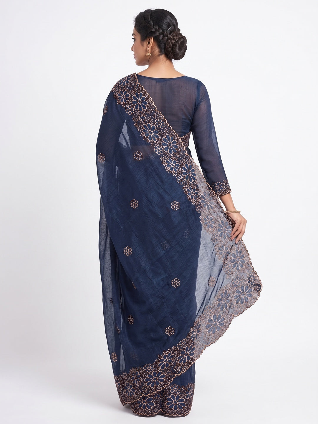 Blue Partywear Saree in Soft Chiffon with Intricate Floral Embroidery - Image 2