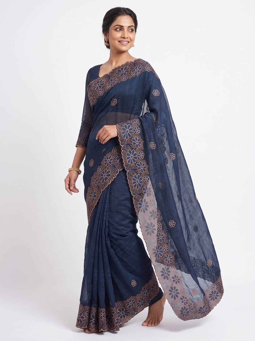 Blue Partywear Saree in Soft Chiffon with Intricate Floral Embroidery - Image 4