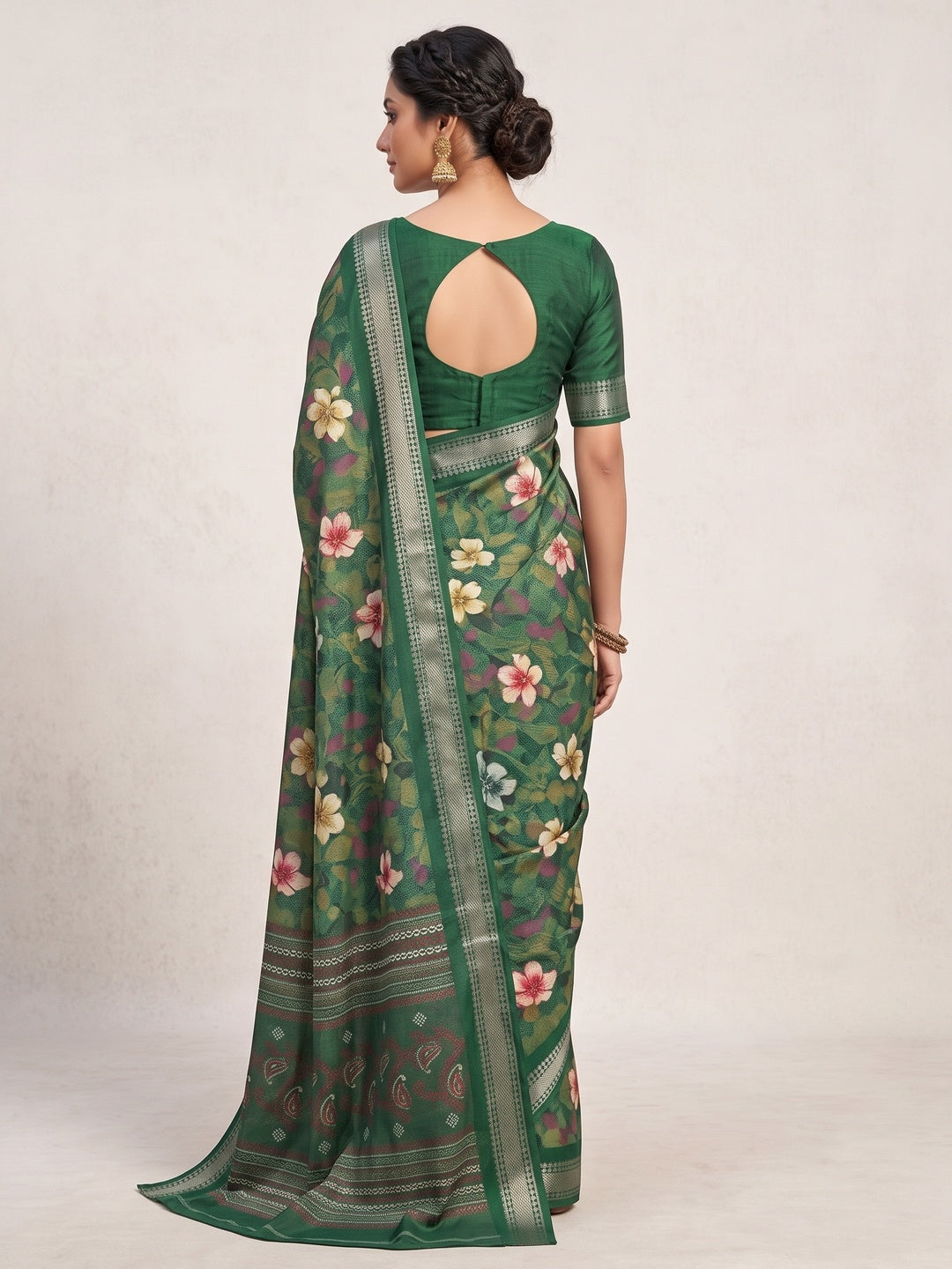 Green Chanderi Silk Saree with Floral Motifs and Border - Image 5