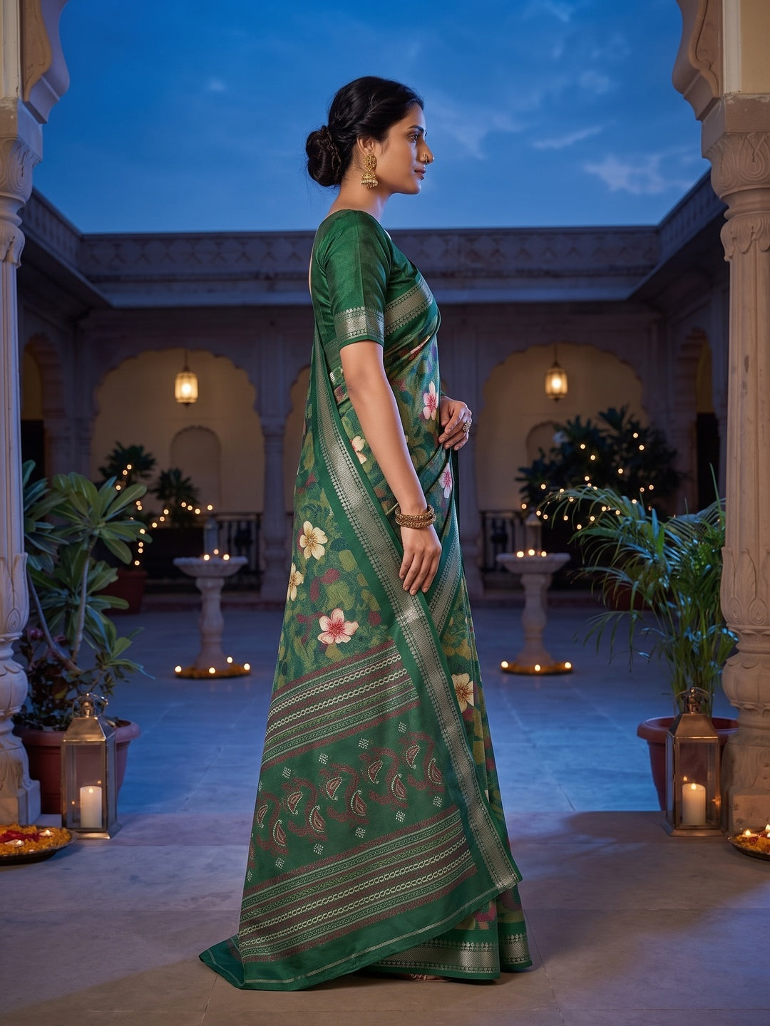 Green Chanderi Silk Saree with Floral Motifs and Border - Image 6
