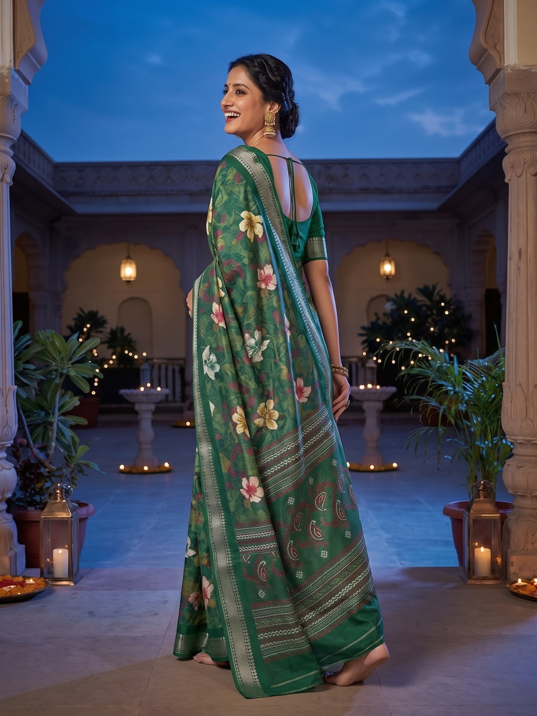 Green Chanderi Silk Saree with Floral Motifs and Border - Image 7