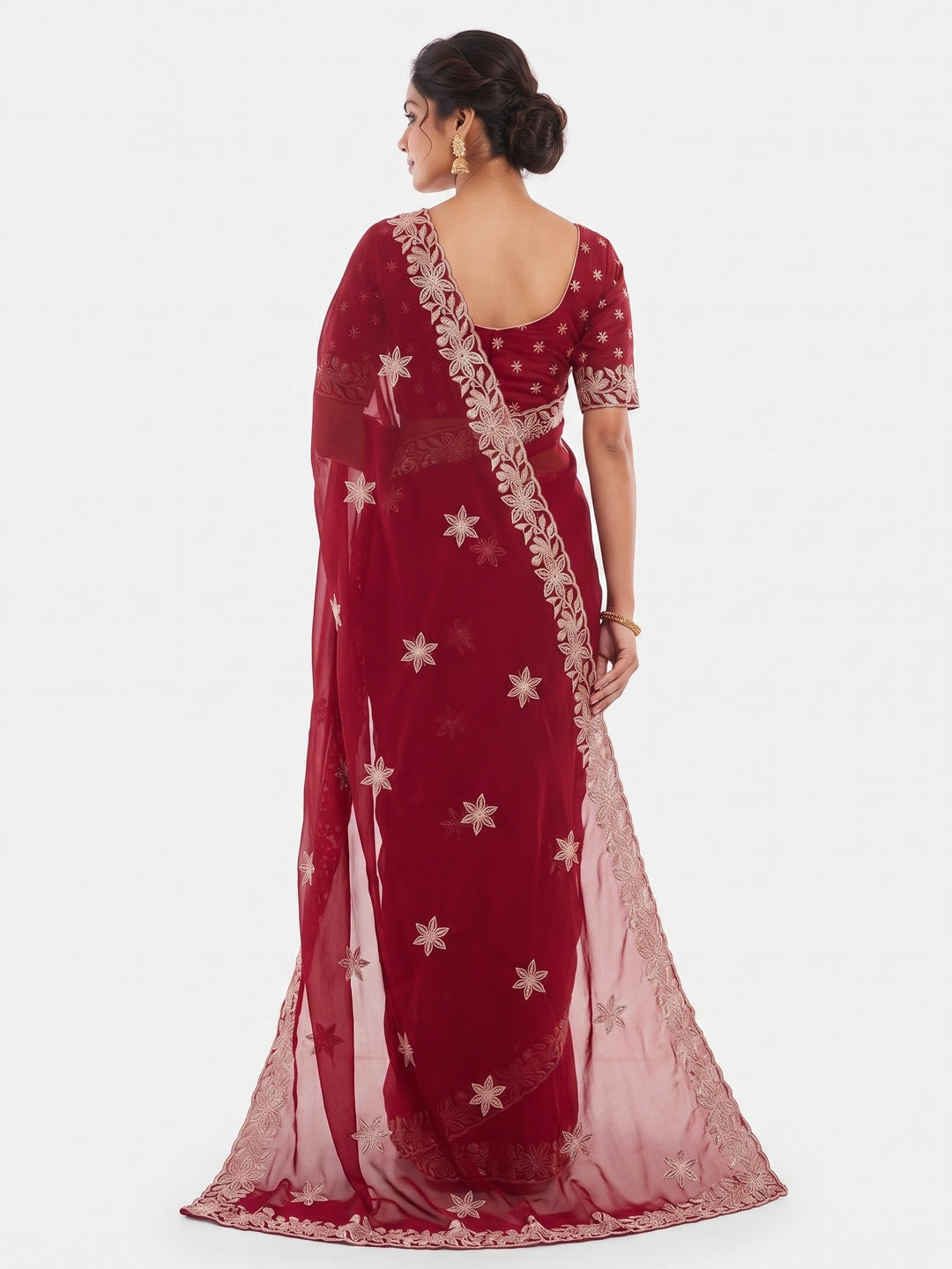 Elegant Red Georgette Saree with Delicate Star Thread Work Embroidery - Image 5