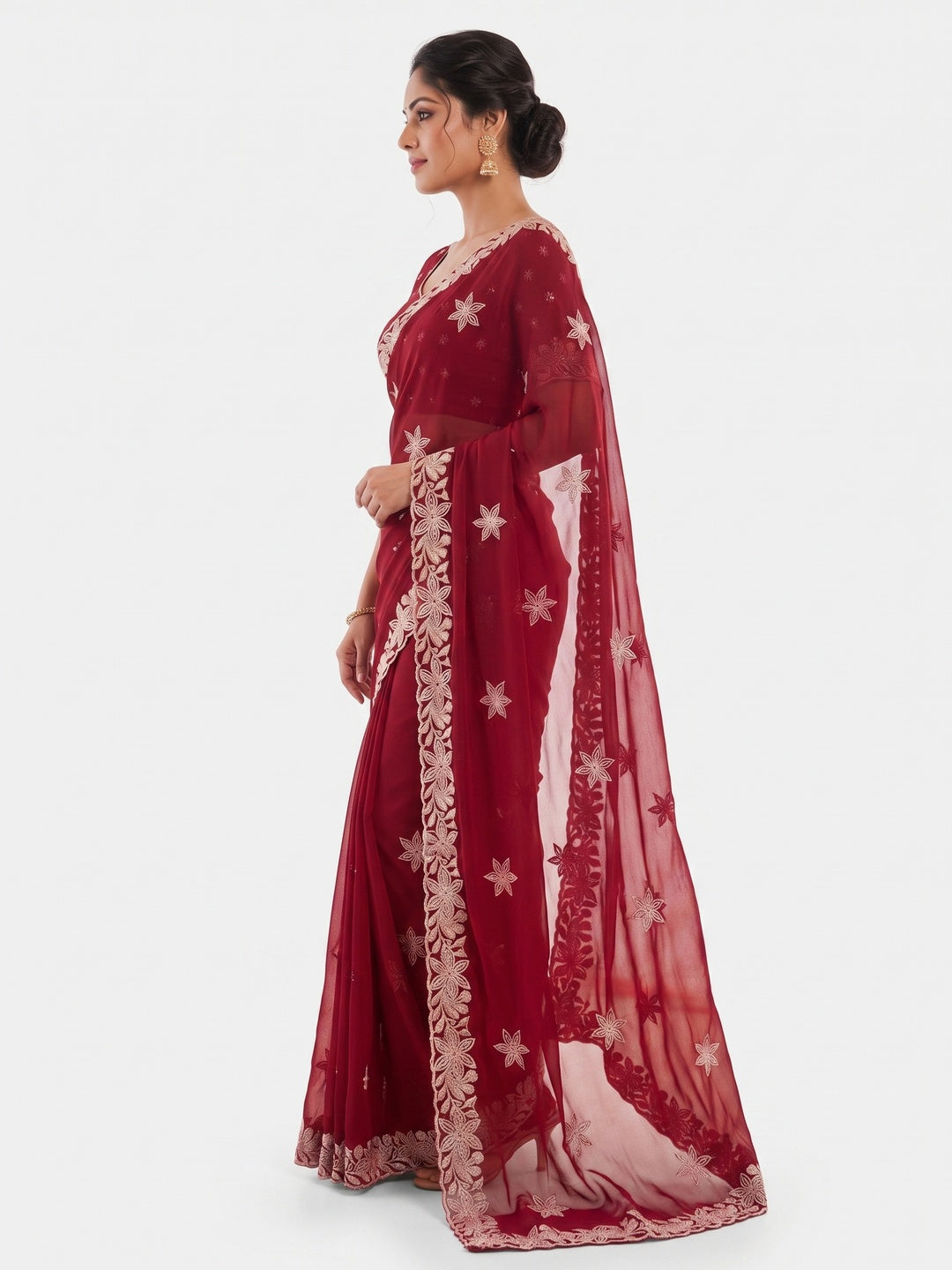 Elegant Red Georgette Saree with Delicate Star Thread Work Embroidery - Image 6