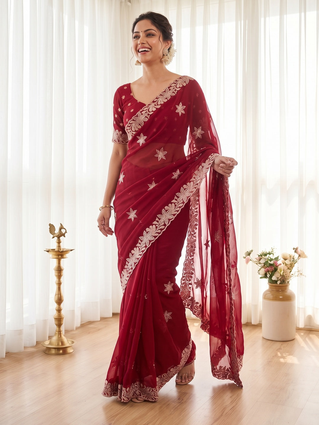 Elegant Red Georgette Saree with Delicate Star Thread Work Embroidery - Image 7