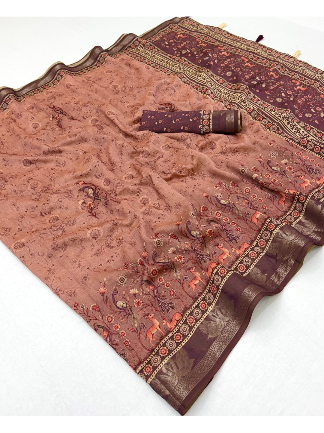 Peachmode Peach Peacock Floral Printed Cotton Saree - Image 2