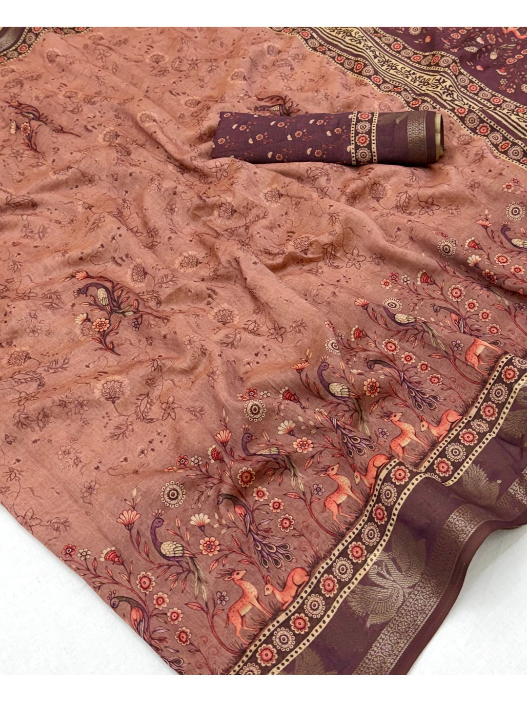 Peachmode Peach Peacock Floral Printed Cotton Saree - Image 3