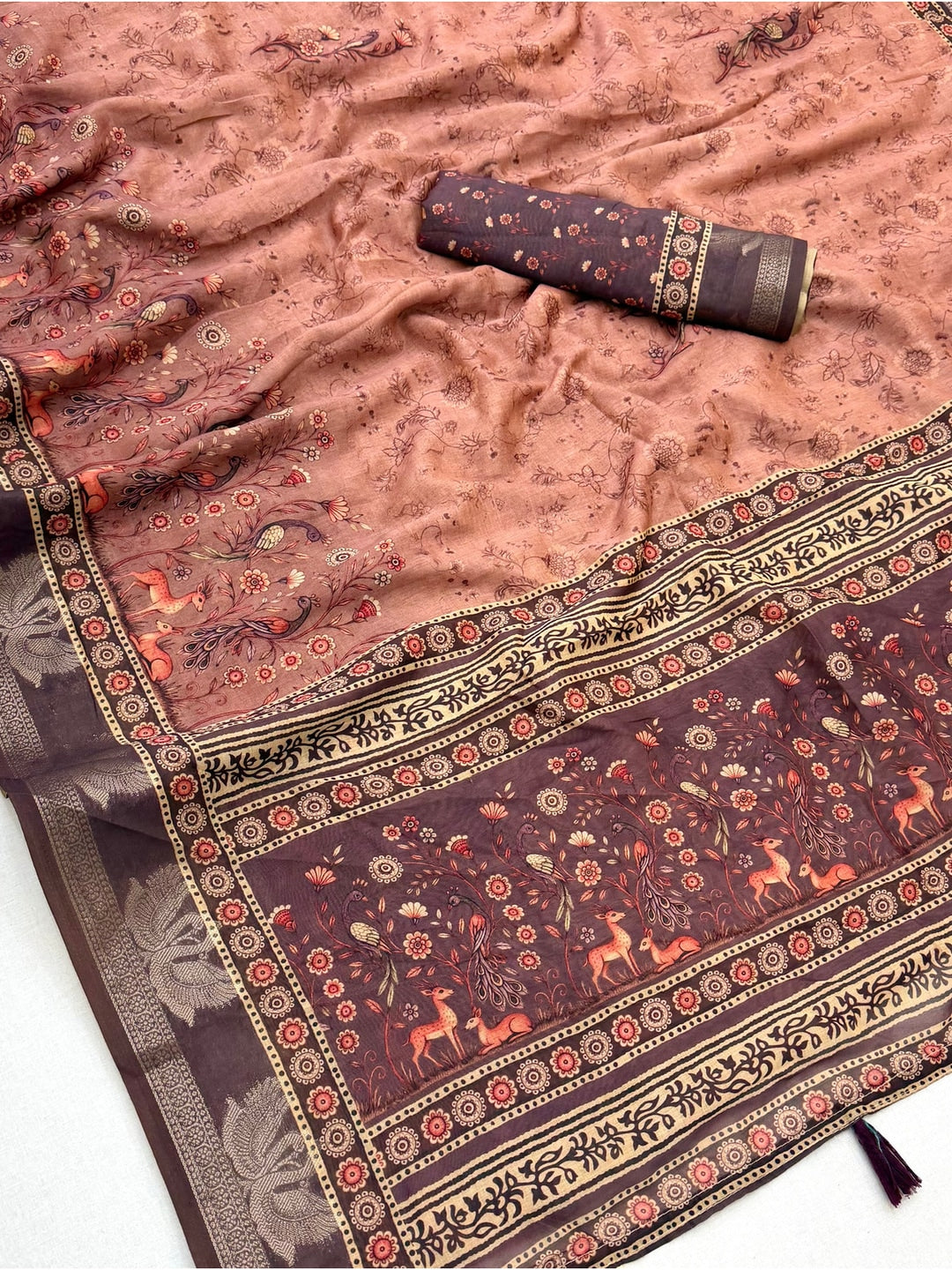 Peachmode Peach Peacock Floral Printed Cotton Saree - Image 4