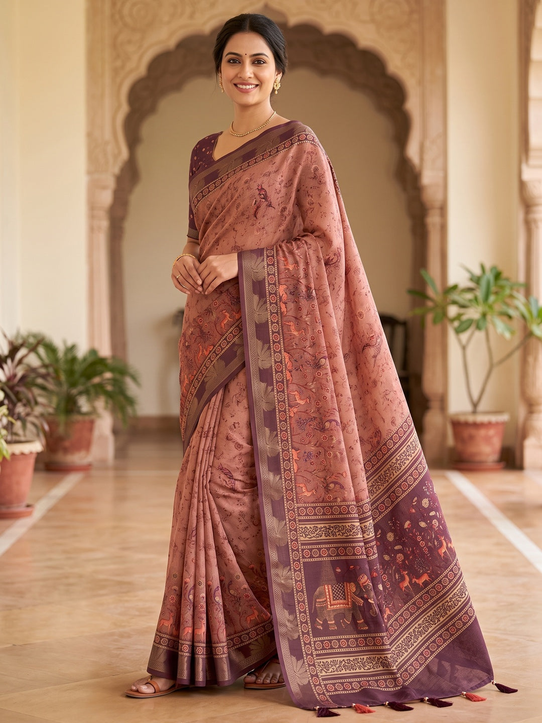 Peachmode Peach Peacock Floral Printed Cotton Saree - Image 1