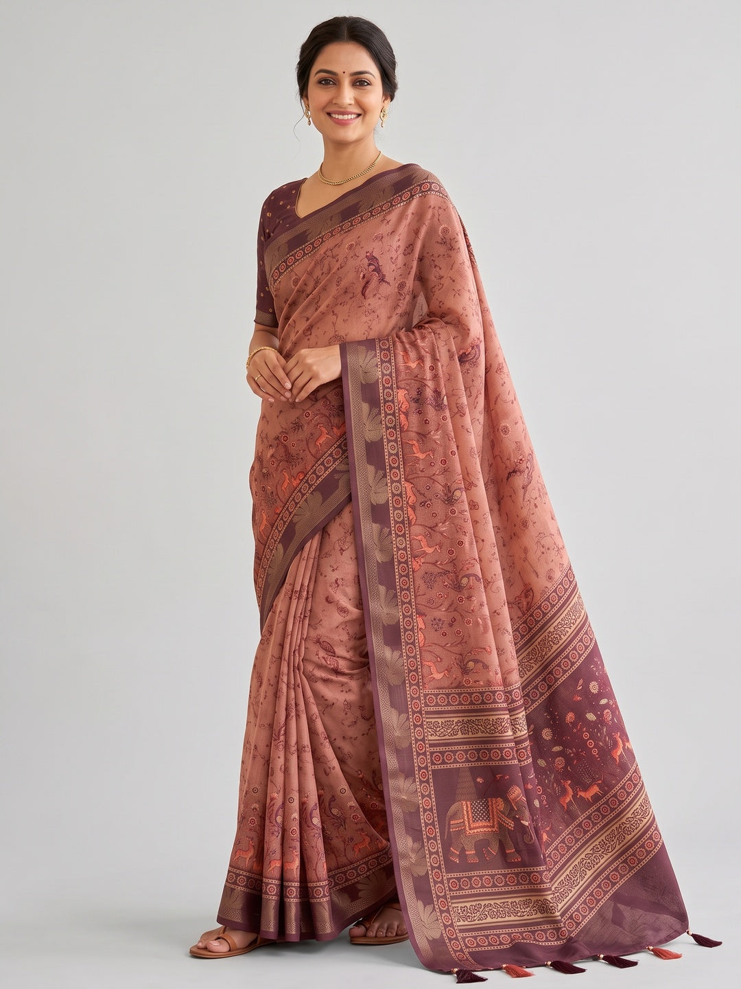 Peachmode Peach Peacock Floral Printed Cotton Saree - Image 5