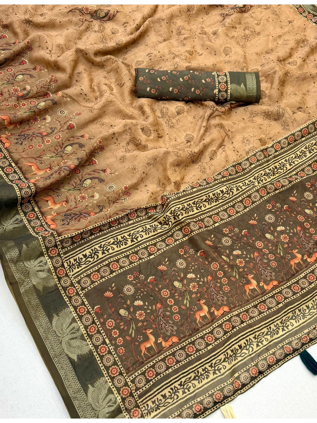Peachmode Tan Peacock Floral Printed Cotton Saree - Image 4