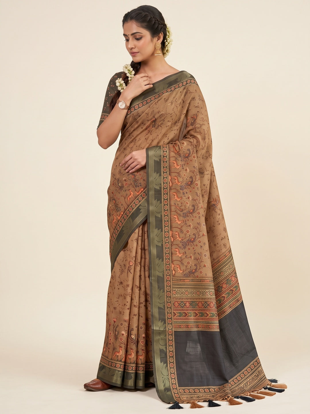 Peachmode Tan Peacock Floral Printed Cotton Saree - Image 5