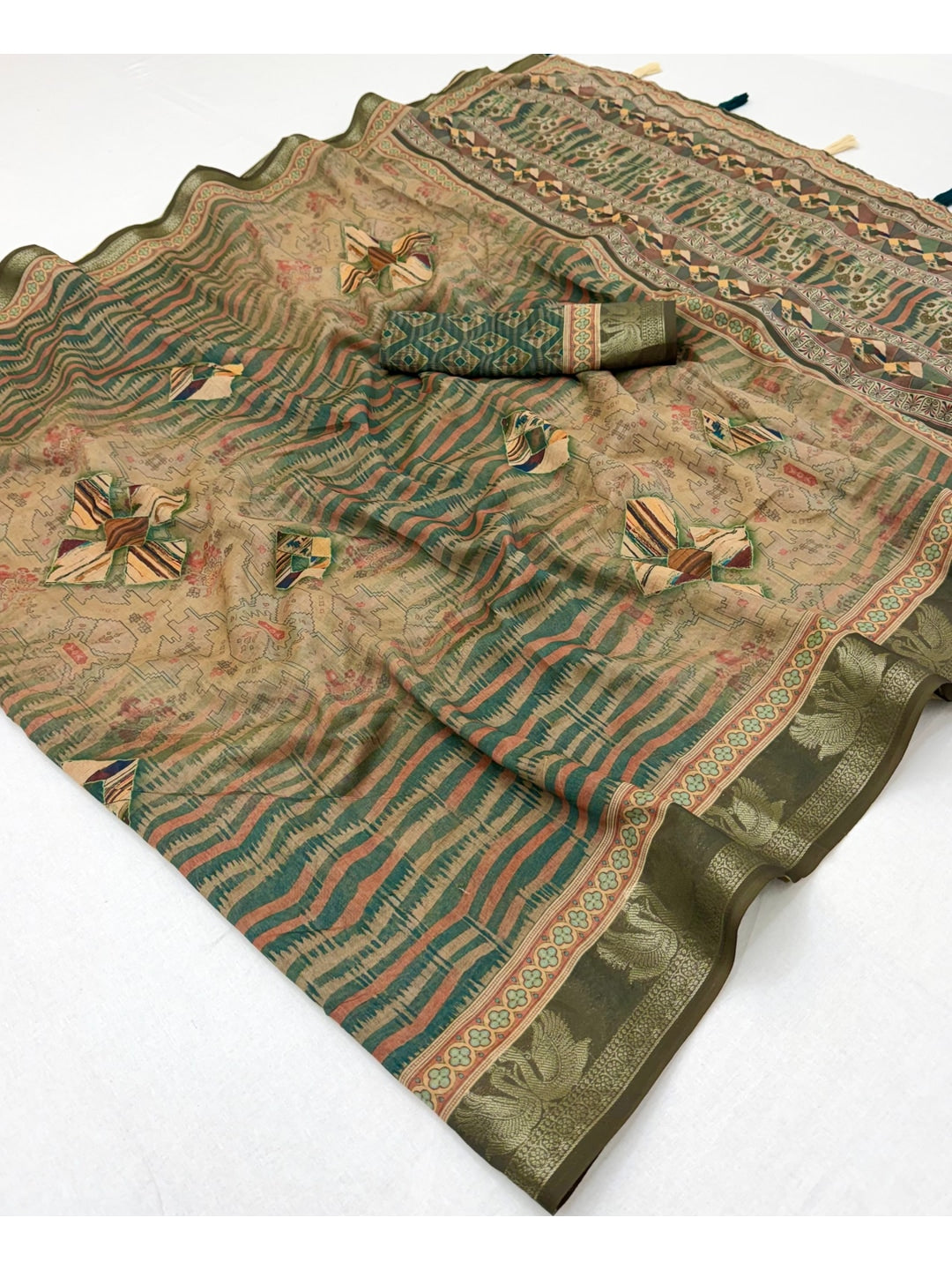 Peachmode Khaki Geometric Printed Cotton Saree - Image 2