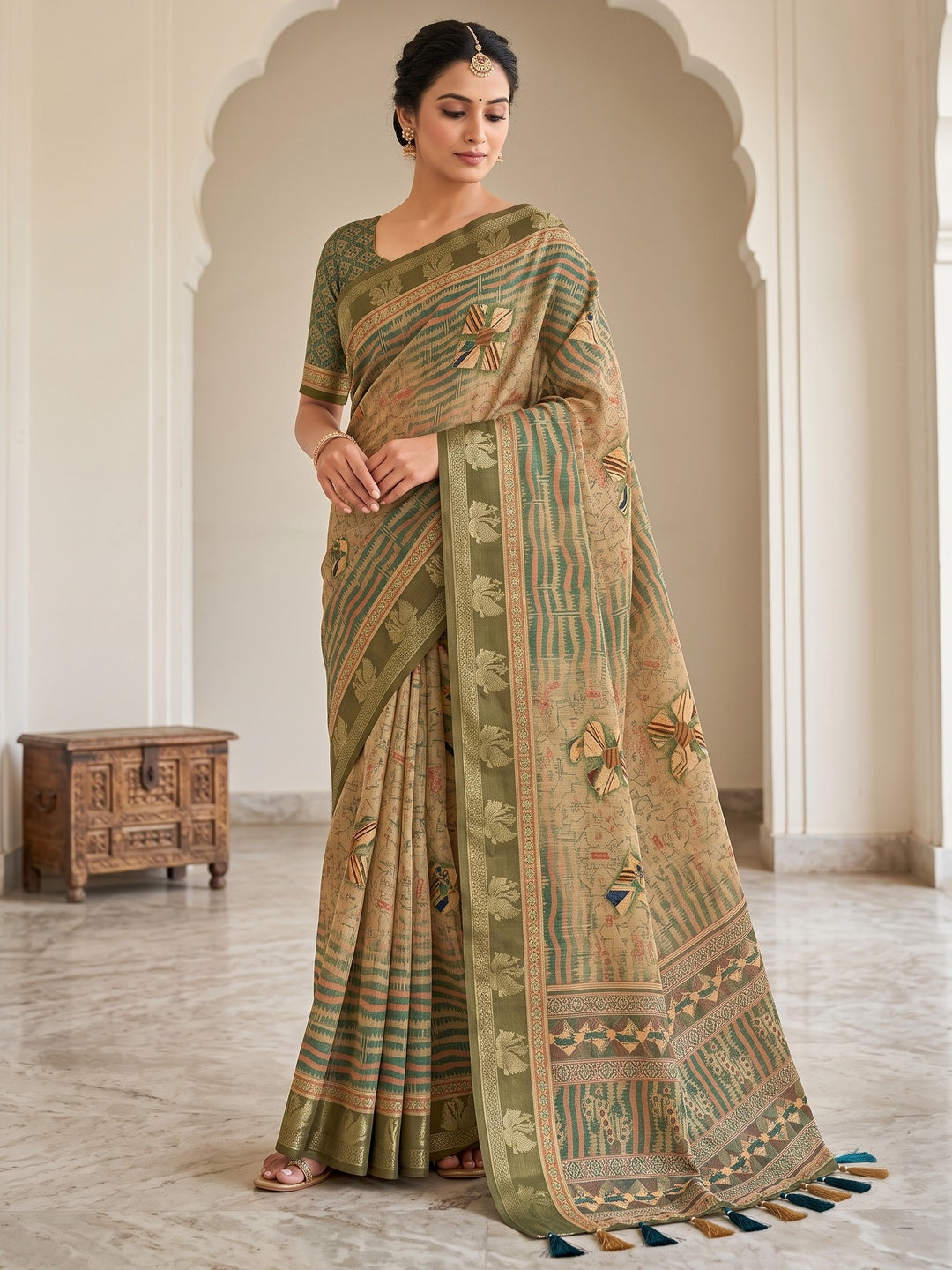 Peachmode Khaki Geometric Printed Cotton Saree - Image 1