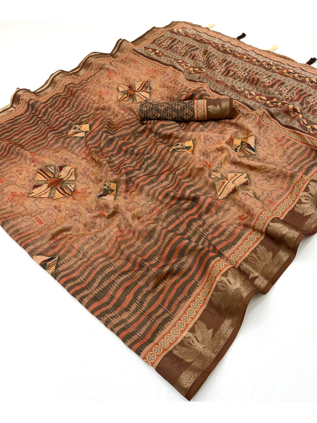 Peachmode Rust Geometric Printed Cotton Saree - Image 2