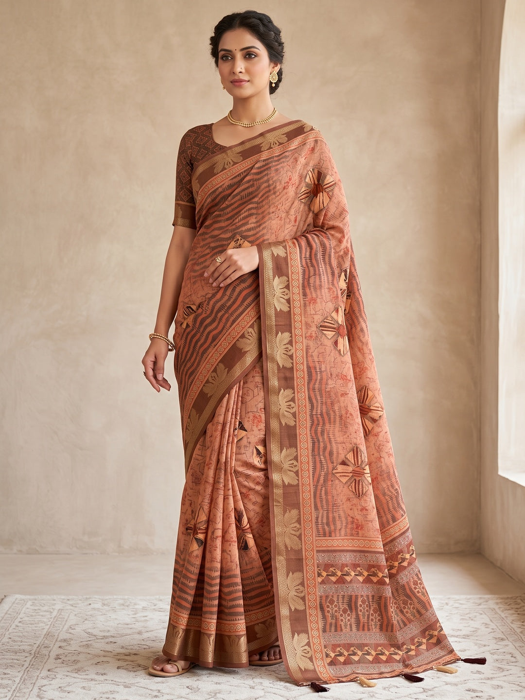 Peachmode Rust Geometric Printed Cotton Saree - Image 1