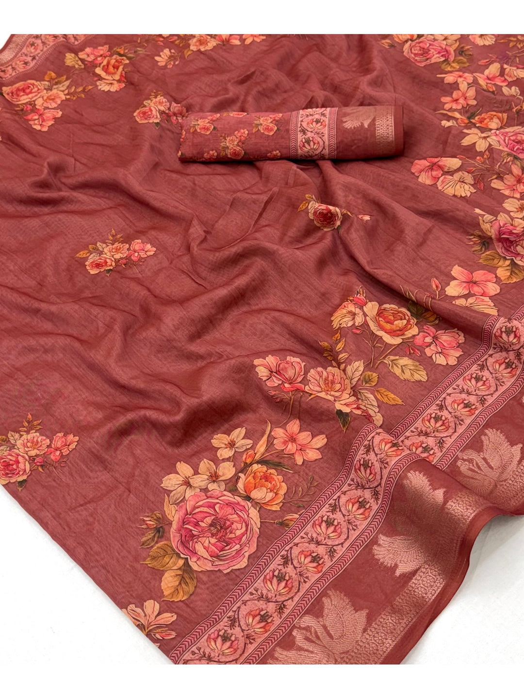 Peachmode Rust Floral Printed Cotton Saree - Image 4