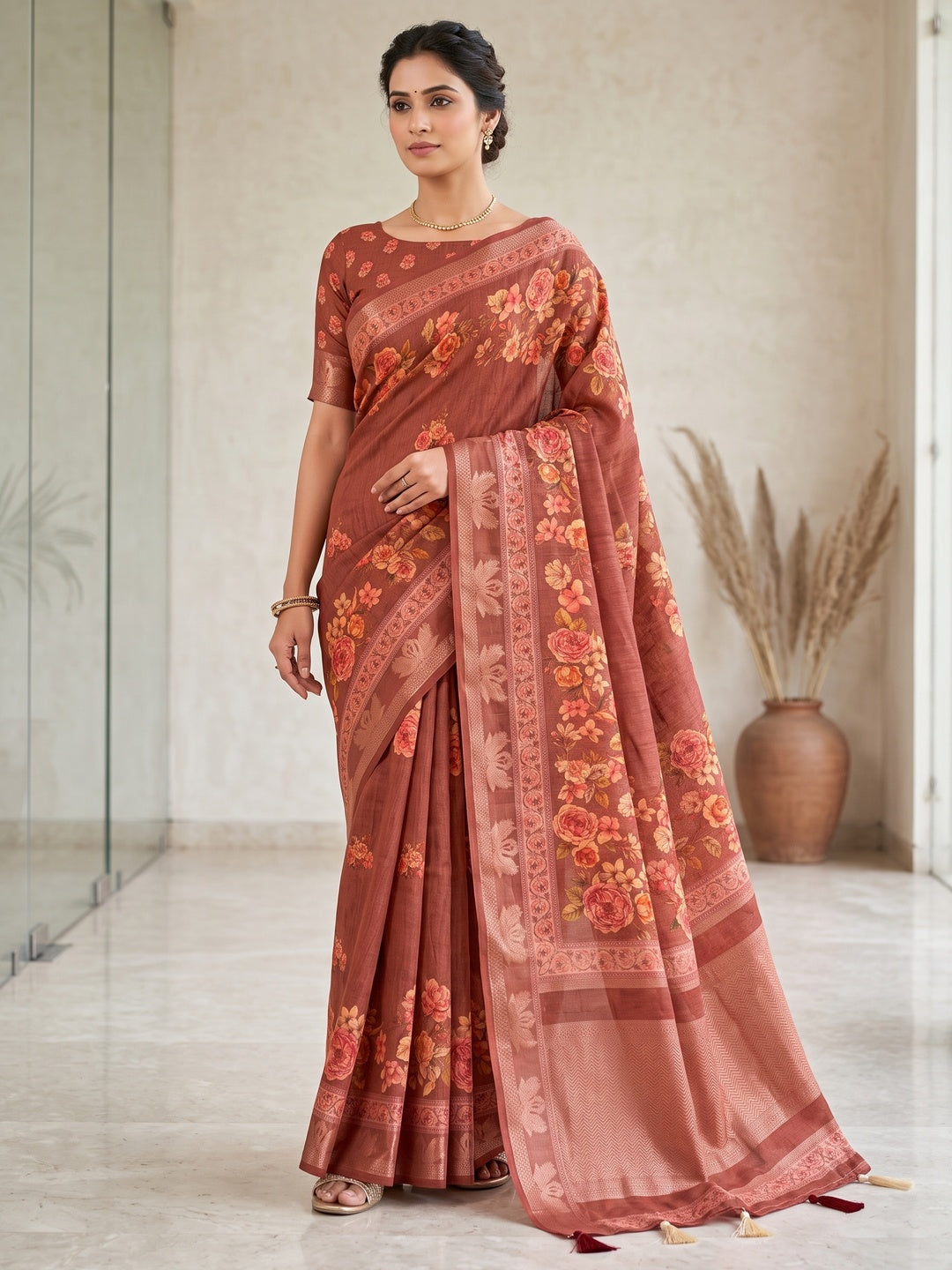 Peachmode Rust Floral Printed Cotton Saree - Image 1