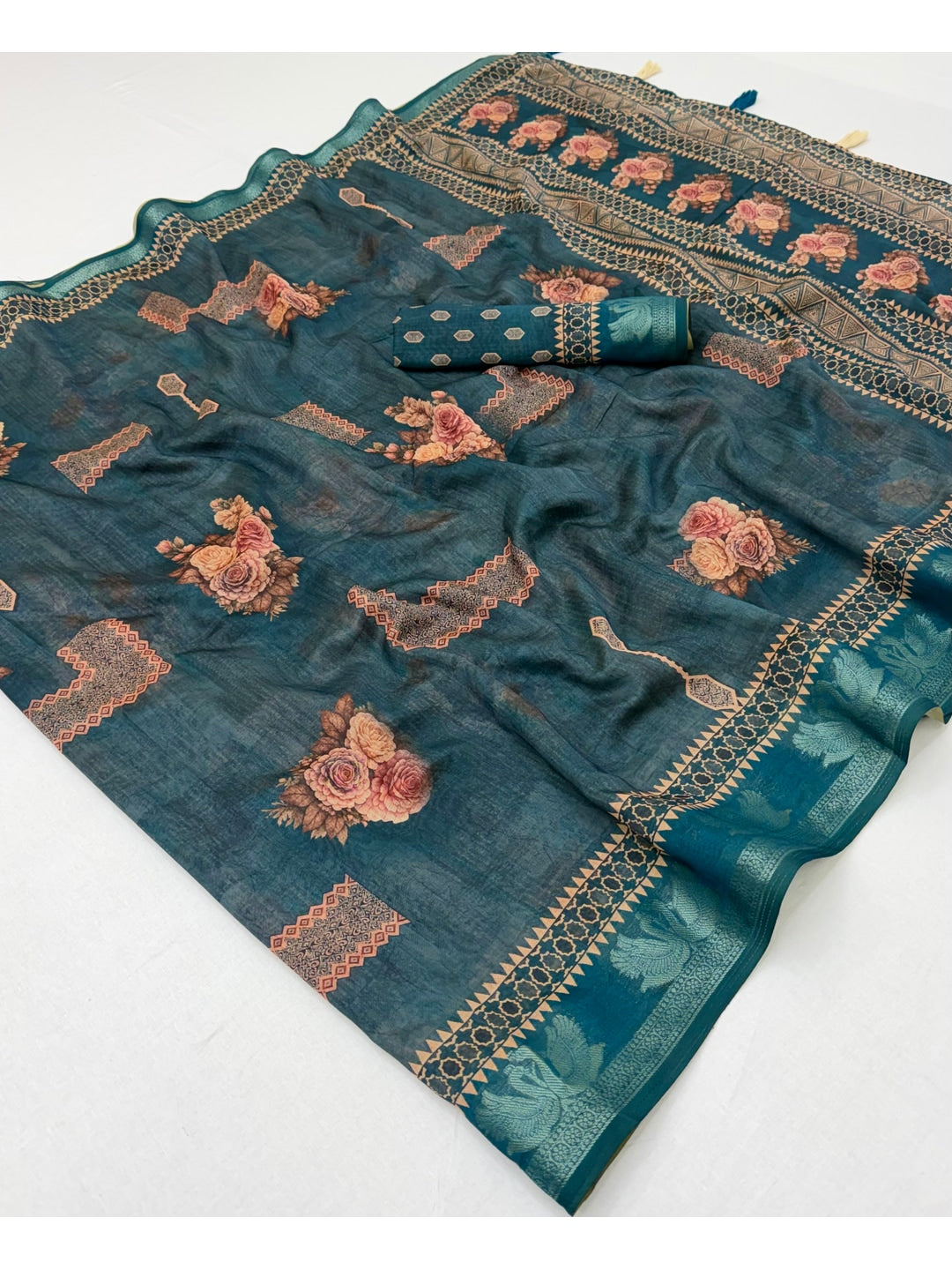 Peachmode Teal Floral Geometric Printed Cotton Saree - Image 2