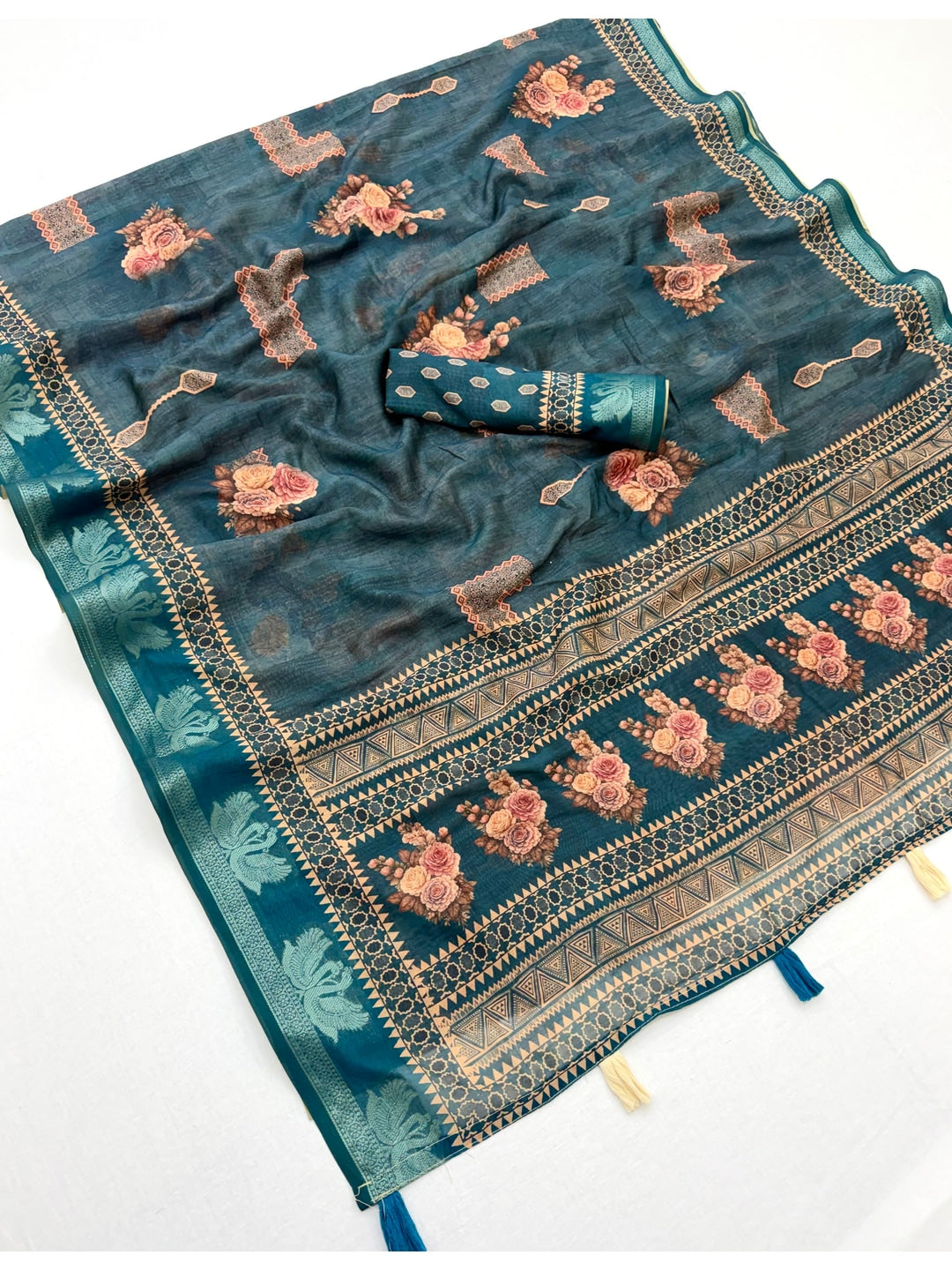 Peachmode Teal Floral Geometric Printed Cotton Saree - Image 3