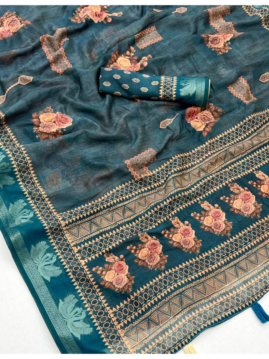 Peachmode Teal Floral Geometric Printed Cotton Saree - Image 5