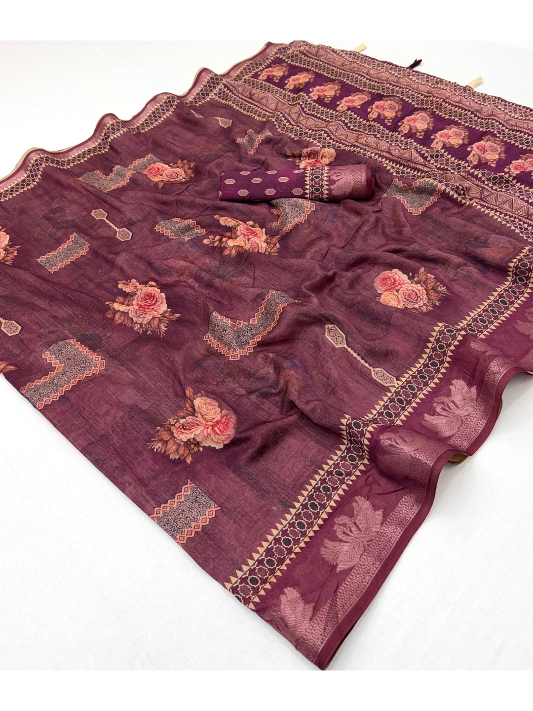 Peachmode Wine Floral Geometric Printed Cotton Saree - Image 2