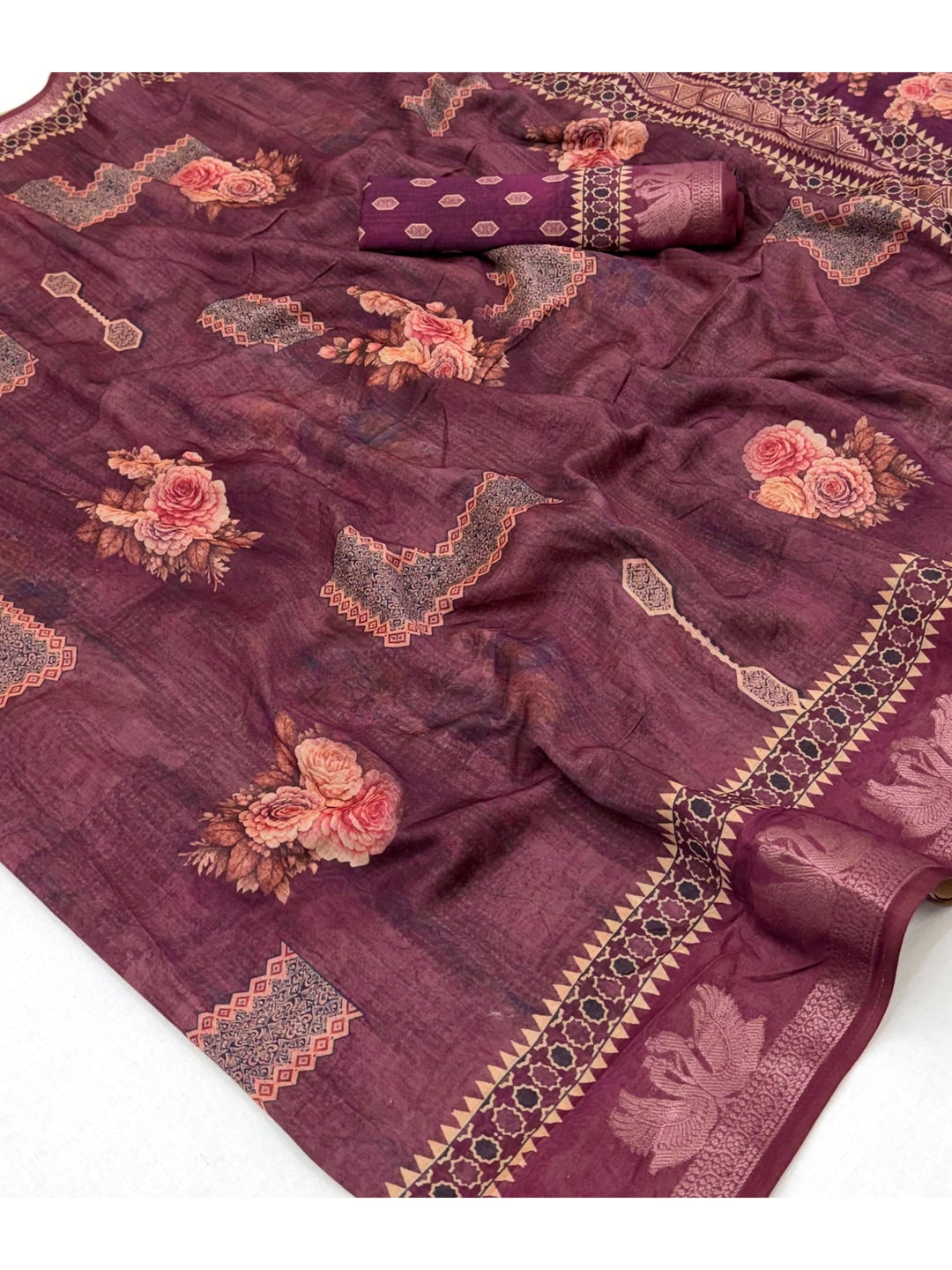 Peachmode Wine Floral Geometric Printed Cotton Saree - Image 4