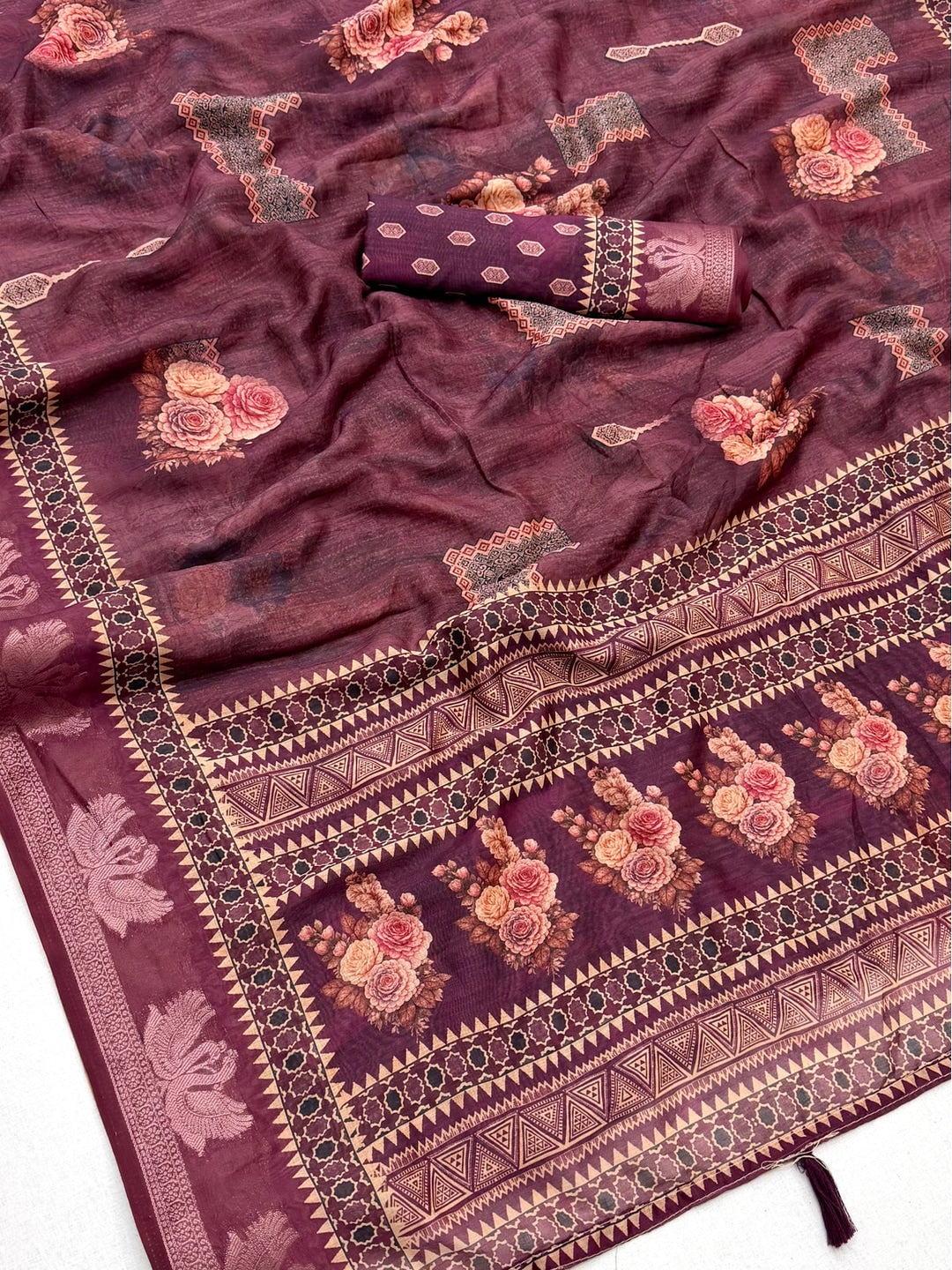 Peachmode Wine Floral Geometric Printed Cotton Saree - Image 5
