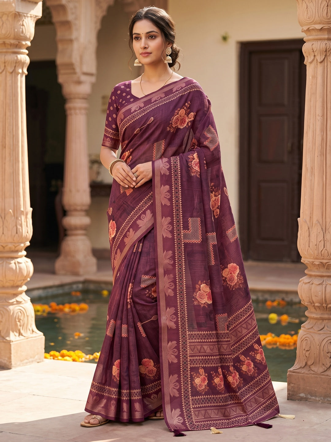 Peachmode Wine Floral Geometric Printed Cotton Saree - Image 1